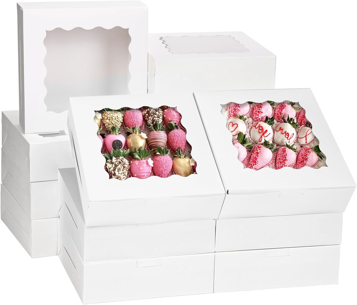 Caja de galletas con ventana de 30 piezas, 8x8x2.5cm para donas y fresas de chocolate, marca blanca con logo personalizado de proveedor.