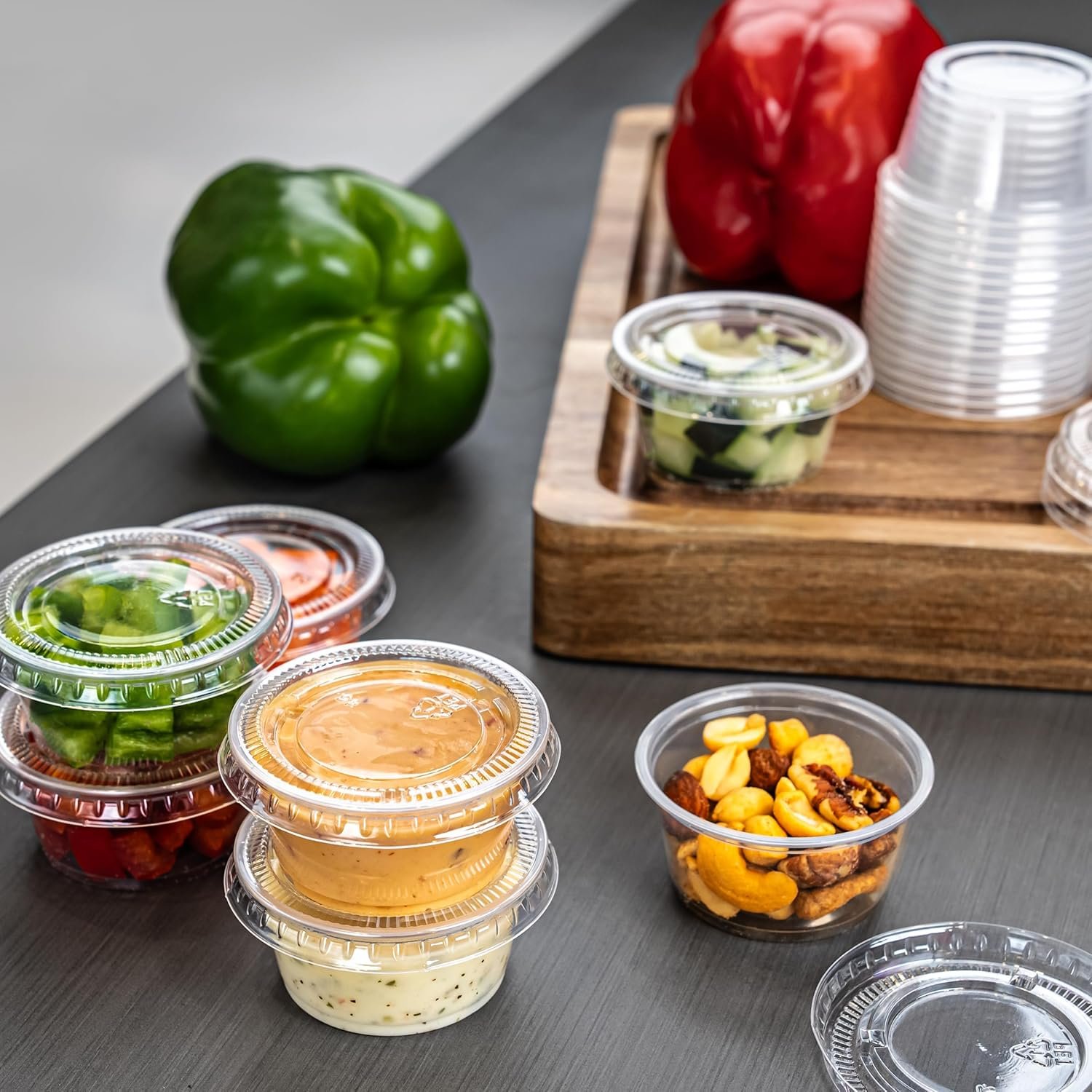 Tazas desechables de plástico de 2 oz con tapa para llevar, personalizadas con logo, 50 unidades, Proveedor de soluciones para su marca blanca.