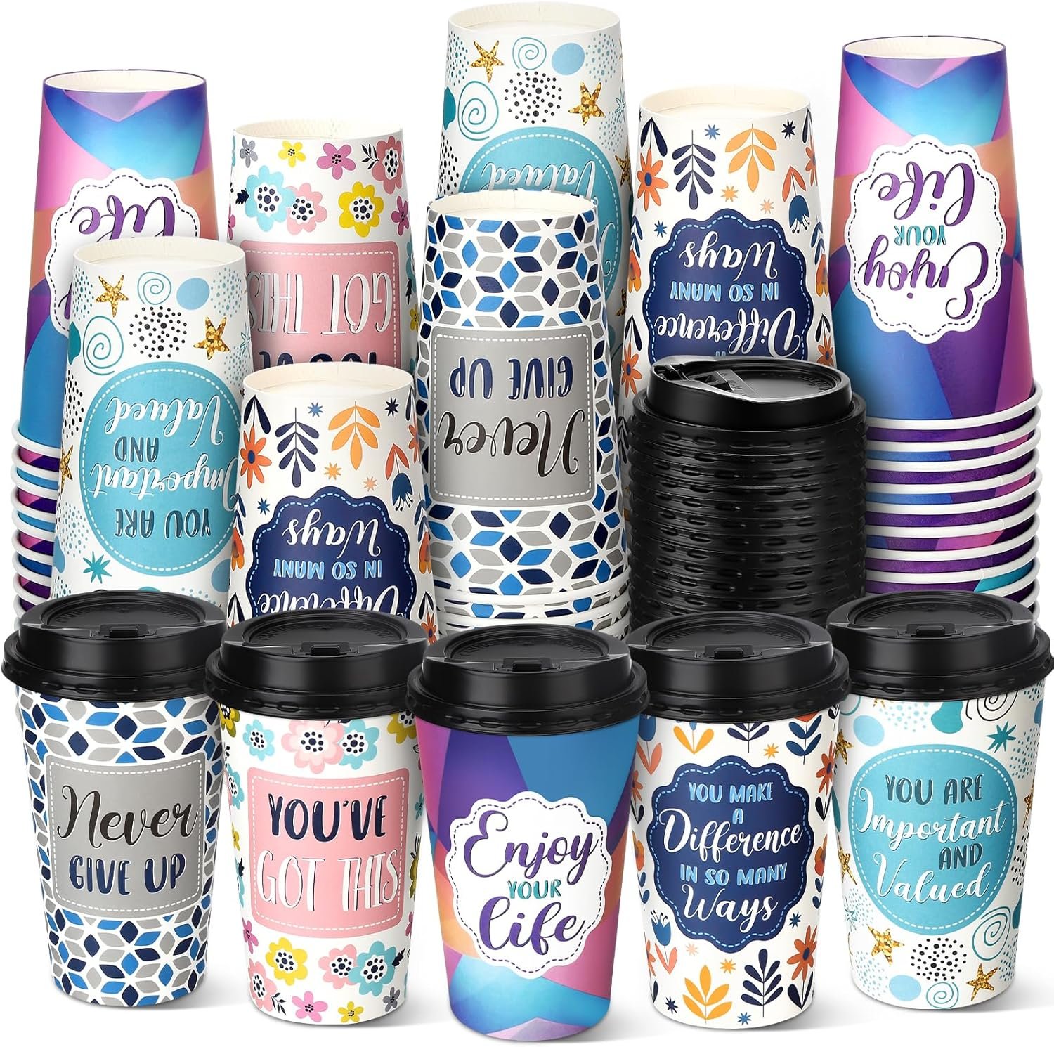 100 Taza desechable de 16 oz con tapa, tazas de papel motivacionales para bebidas calientes y frías, ideal para café, té, agua y jugo, marca blanca de calidad, proveedor confiable.