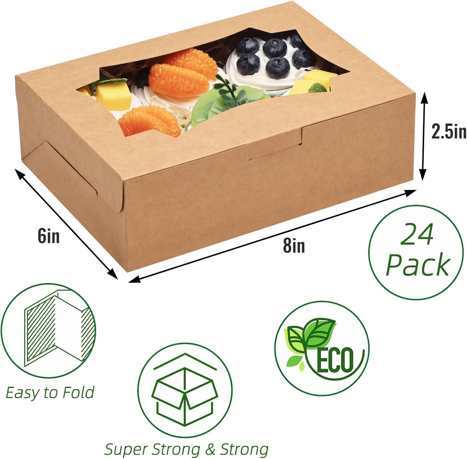 Caja de galletas con logo personalizado, 24 piezas de 8x6x2.5 pulgadas, cajas de pastelería con ventana en 3 estilos, ideales para chocolate, fresas, donuts, cupcakes, muffins y postres, etiquetado de marca blanca por proveedor.