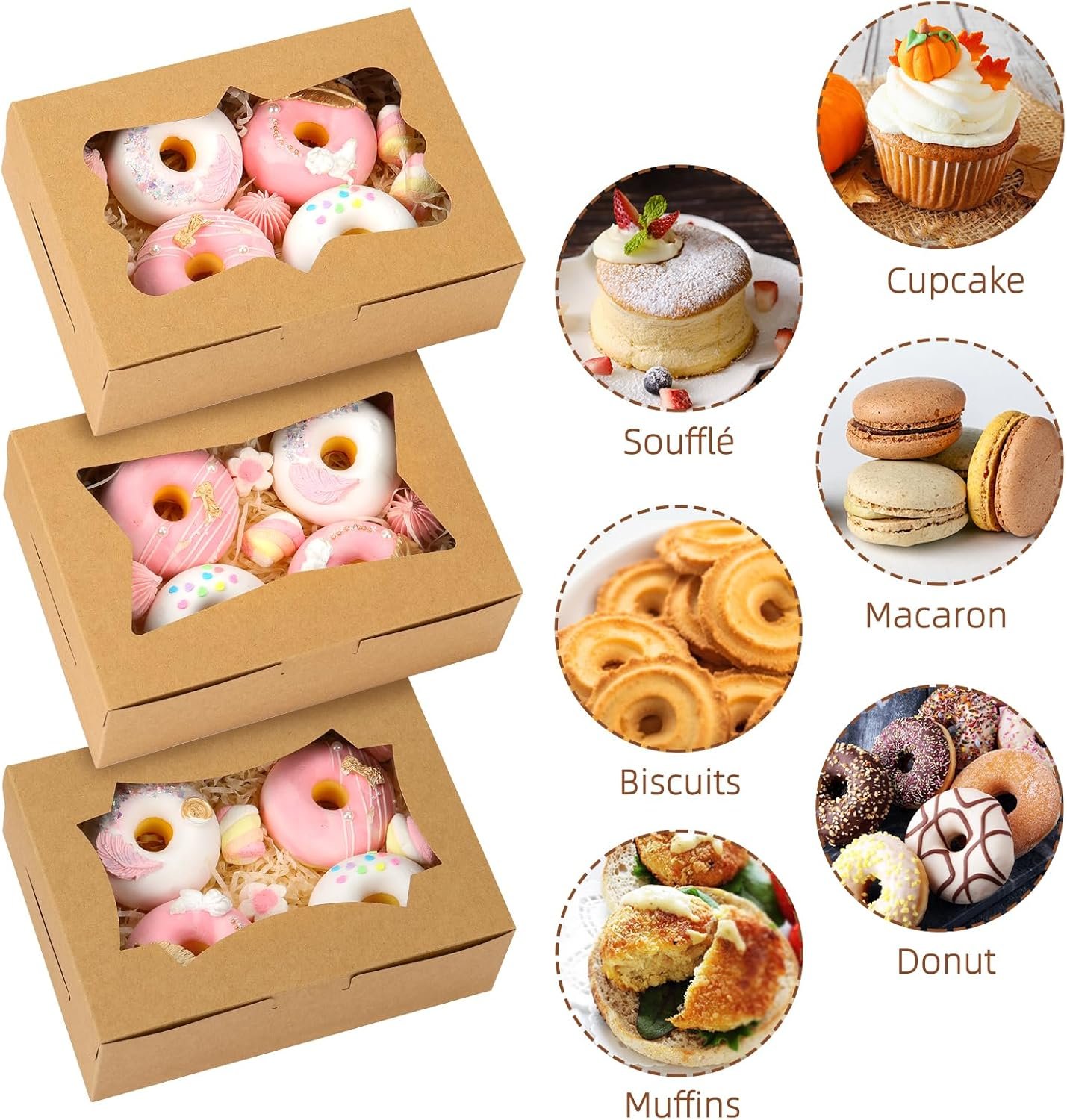 Caja de galletas con logo personalizado, 24 piezas de 8x6x2.5 pulgadas, cajas de pastelería con ventana en 3 estilos, ideales para chocolate, fresas, donuts, cupcakes, muffins y postres, etiquetado de marca blanca por proveedor.