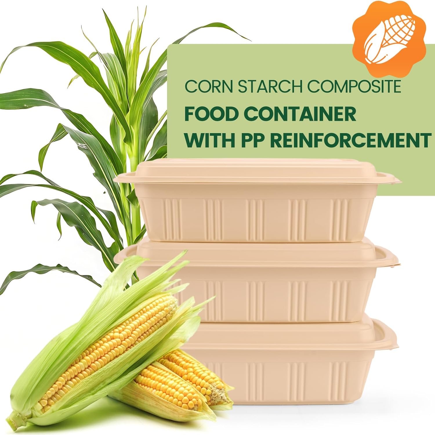 Logo Personalizado 100 Contenedores de Preparación de Comidas (50 Paquetes) con Tapas, 28 oz, Envases de Almacenamiento de Alimentos de Maíz, Caja de Almuerzo Plant-Based para Ensalada, Libre de BPA, Contenedores para Llevar Microondas y Congelador, Proveedor.