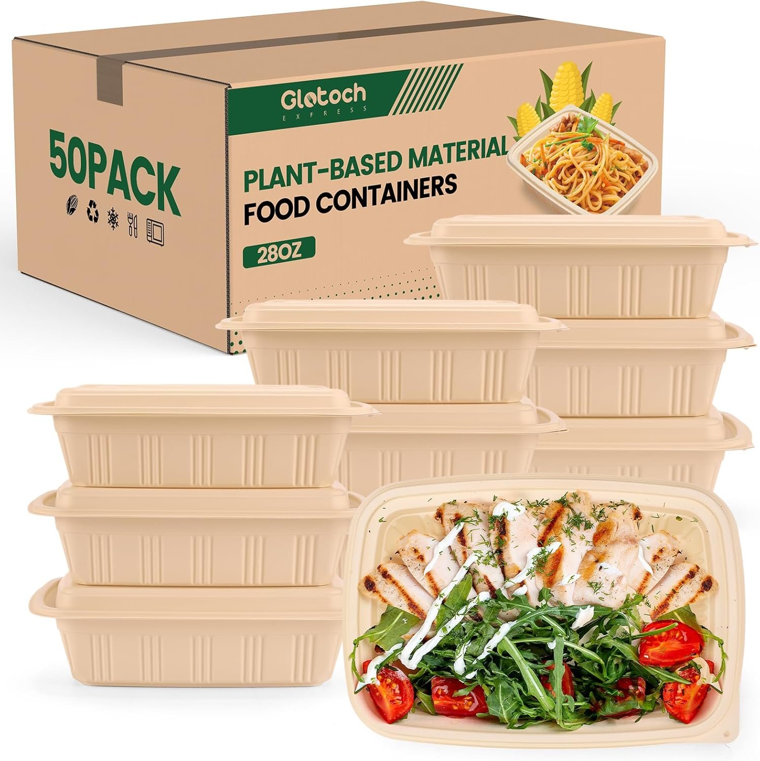 Logo Personalizado 100 Contenedores de Preparación de Comidas (50 Paquetes) con Tapas, 28 oz, Envases de Almacenamiento de Alimentos de Maíz, Caja de Almuerzo Plant-Based para Ensalada, Libre de BPA, Contenedores para Llevar Microondas y Congelador, Proveedor.