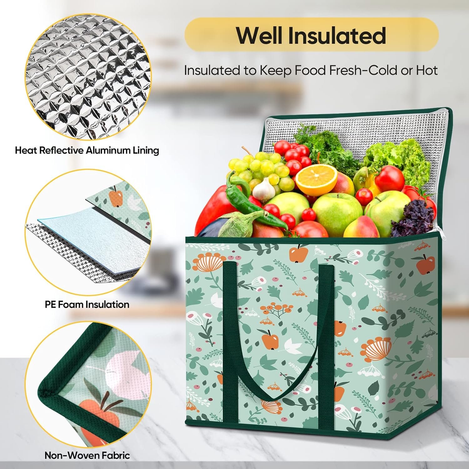 Logo Personalizado Bolsas de Compras Reutilizables Aisladas 2Pk, Bolsa Térmica Plegable para Compras, Fuerte y Grande (40x23x33 cm, Paseo Primaveral) - Proveedor de Soluciones Ecológicas.