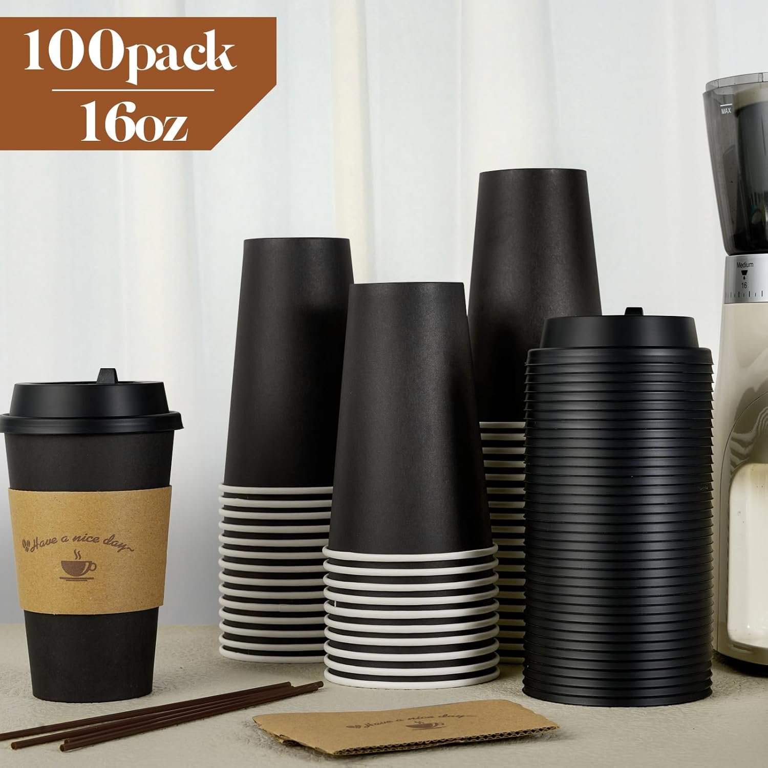 Cajas de 100 Unidades de Vasos de Cartón para Café de 16 oz con Tapas, Personaliza tu Logo, Vasos Desechables Negras con Mangas y Palitos para Revolver, Ideal para Eventos, Fiestas, Viajes y Proveedor de Soluciones de Bebidas. Cajas de 100 Unidades de Vasos de Cartón para Café de 16 oz con Tapas, Personaliza tu Logo, Vasos Desechables Negras con Mangas y Palitos para Revolver, Ideal para Eventos, Fiestas, Viajes y Proveedor de Soluciones de Bebidas.