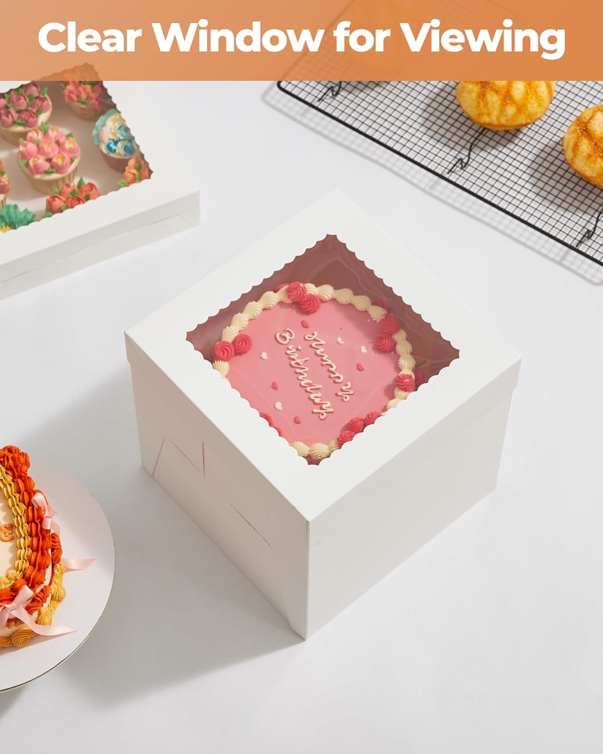 Caja de Pastel de 10x10x10 Pulgadas con Ventana, Contenedor Desechable para Pasteles de Varias Capas, Decoración para Bodas, Cumpleaños y Fiestas, Marca Blanca de Fabricante con Logo Personalizado.