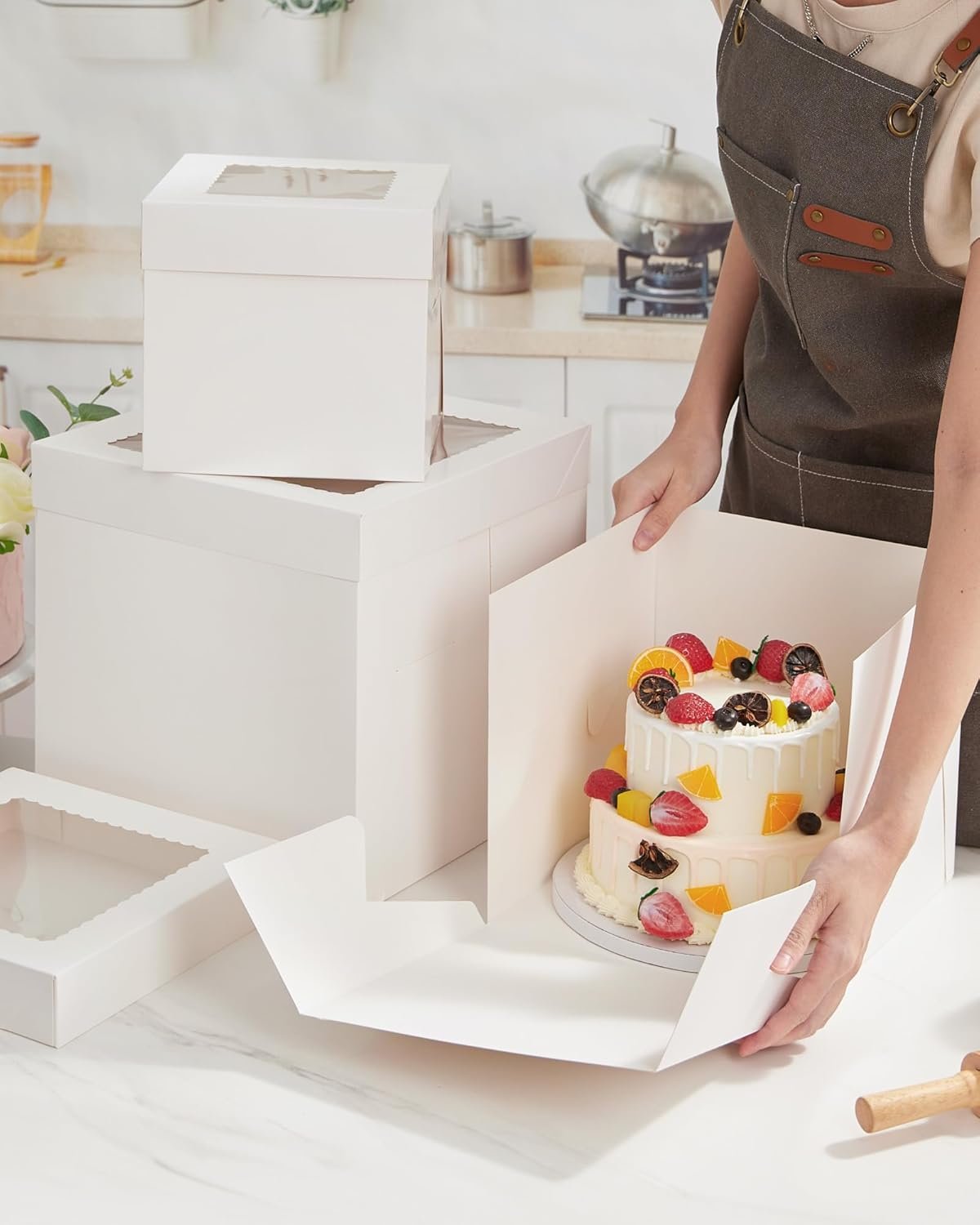 Caja de Pastel de 10x10x10 Pulgadas con Ventana, Contenedor Desechable para Pasteles de Varias Capas, Decoración para Bodas, Cumpleaños y Fiestas, Marca Blanca de Fabricante con Logo Personalizado.