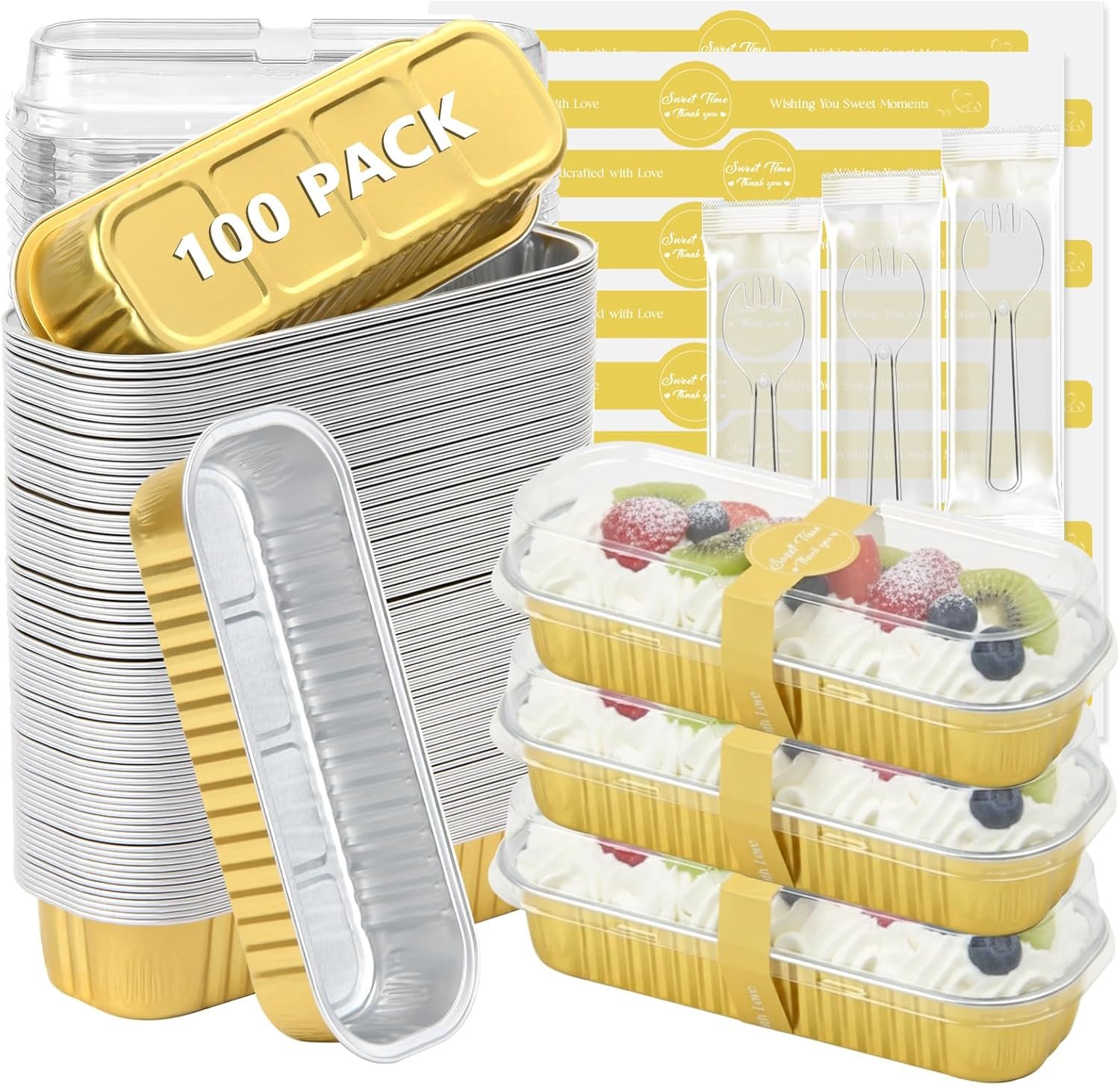 Logo Personalizado 100 Pack de Moldes de Pan Mini Rectangulares Desechables con Tapas y Cucharas de Aluminio para Hornear, Fiestas, Picnics y Regalos (Dorado) - Proveedor de Productos de Marca Blanca
