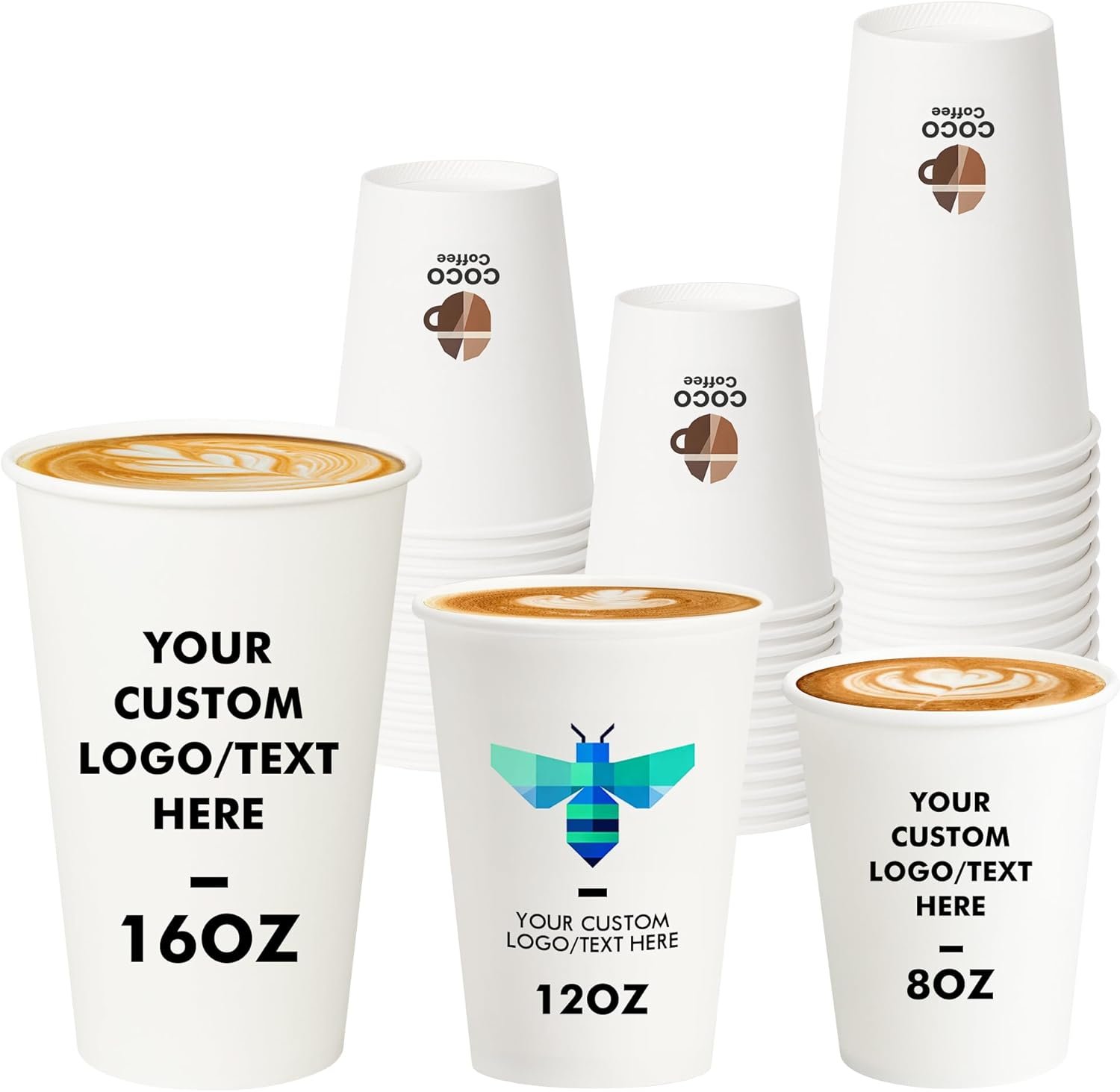 Logo Personalizado Tazas de Papel para Café 8 oz 12 oz 16 oz, Taza de Café Personalizada para Bebidas Calientes y Frías, Tazas de Papel para Marca Blanca con Logo, Proveedor Confiable para Negocios y Oficinas