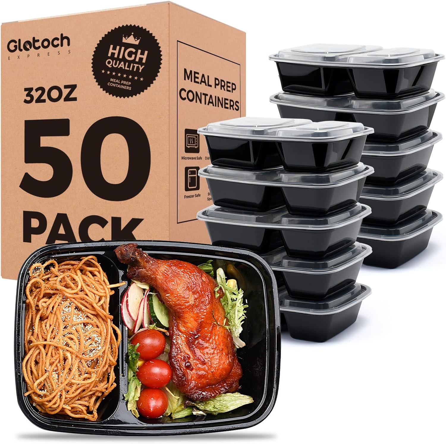 Logo Personalizado 50 Pack (100 Piezas) Contenedores de Comida de Plástico de 32 oz a Prueba de Fugas con Tapa, Contenedores de Preparación de Comidas de 2 Compartimentos, Marca Blanca, Proveedor de Soluciones para Llevar, Apto para Microondas, Congelador y Lavavajillas.