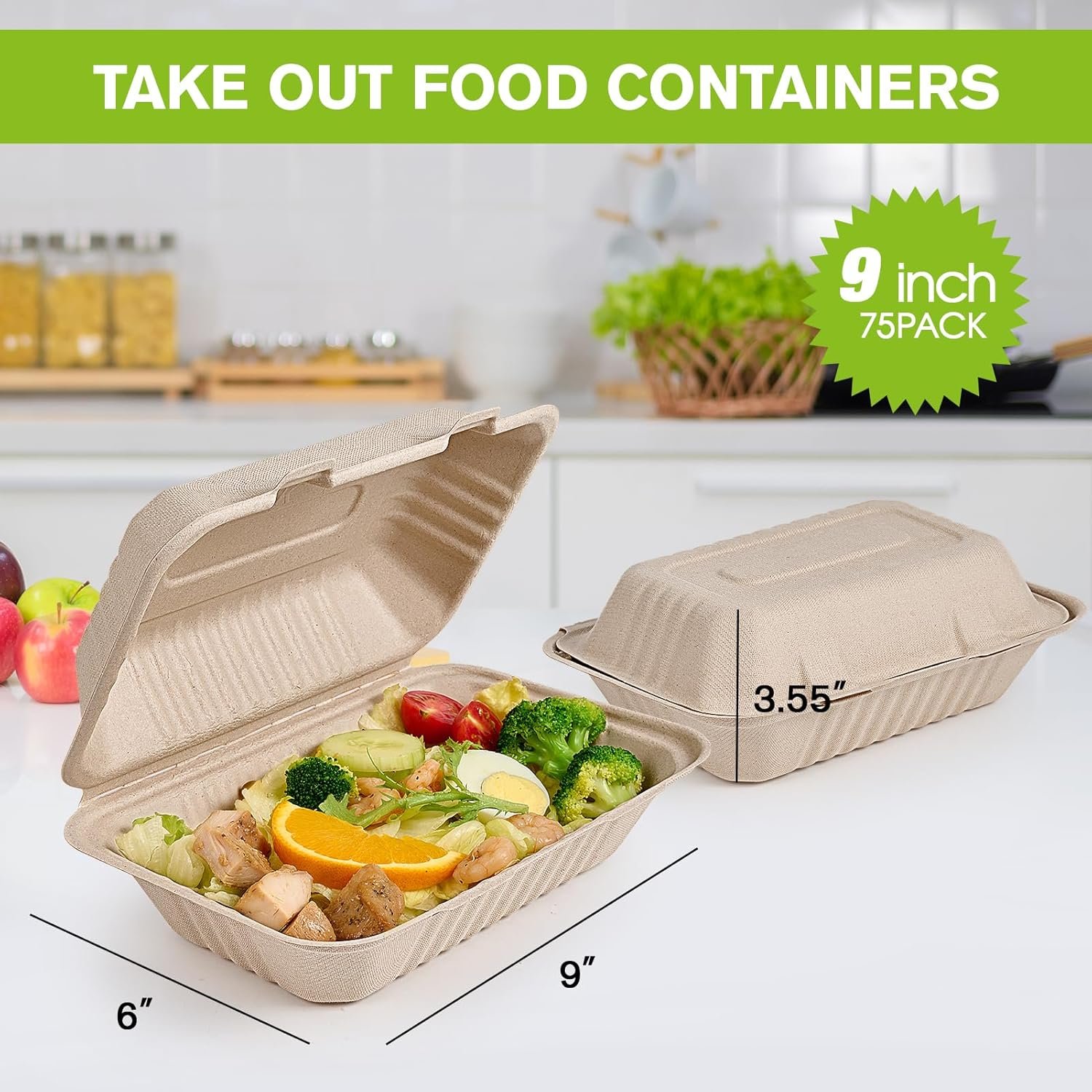 Logo Personalizado Envases de Comida desechables 75 unidades, 100% compostables, cajas para llevar de 9X6 pulgadas, biodegradable y ecológica, fabricados por Proveedor.