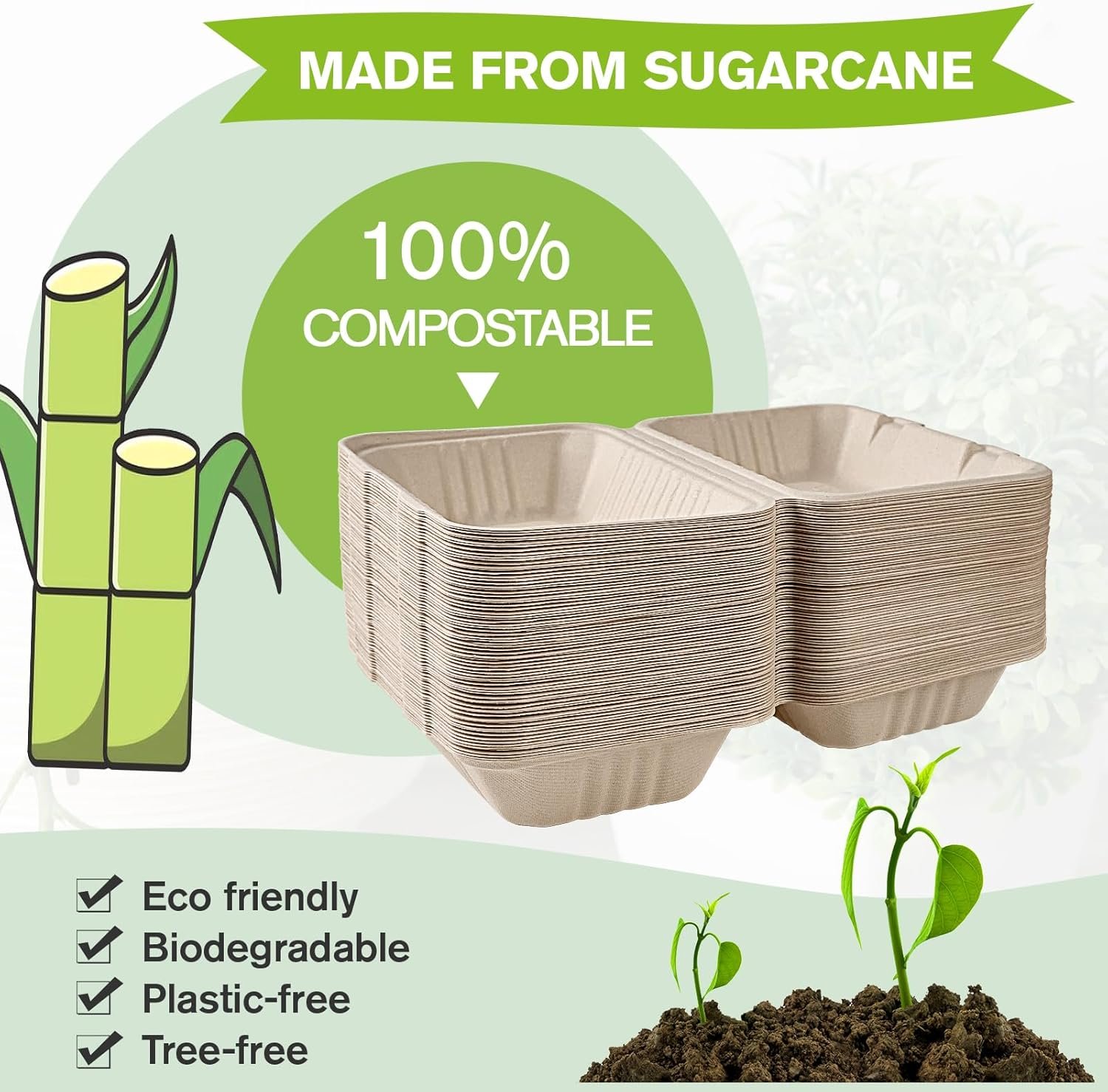 Logo Personalizado Envases de Comida desechables 75 unidades, 100% compostables, cajas para llevar de 9X6 pulgadas, biodegradable y ecológica, fabricados por Proveedor.
