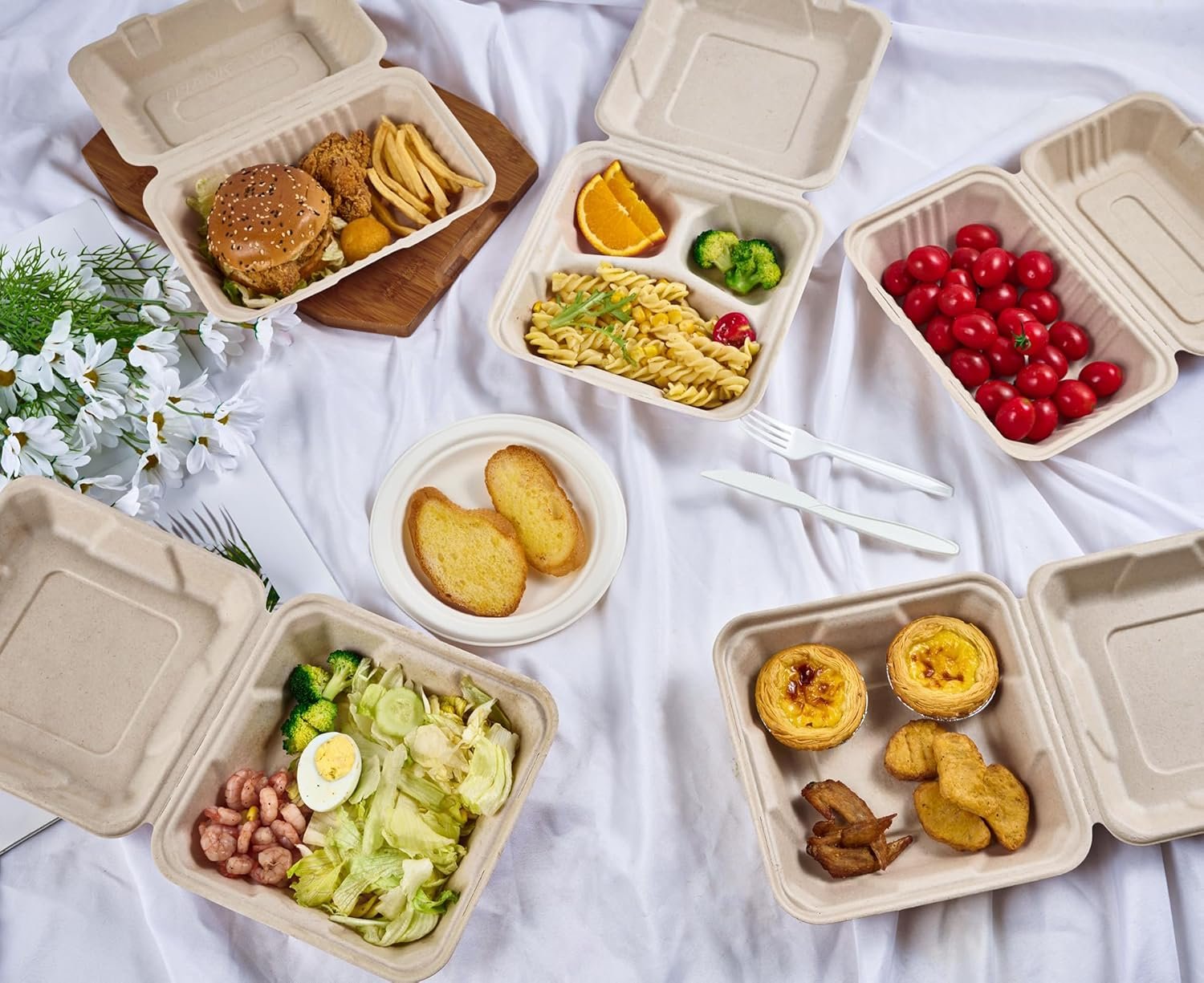 Logo Personalizado Envases de Comida desechables 75 unidades, 100% compostables, cajas para llevar de 9X6 pulgadas, biodegradable y ecológica, fabricados por Proveedor.