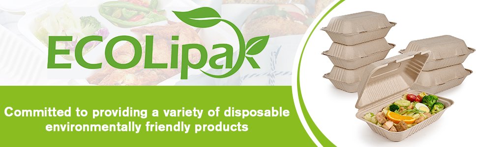 Logo Personalizado Envases de Comida desechables 75 unidades, 100% compostables, cajas para llevar de 9X6 pulgadas, biodegradable y ecológica, fabricados por Proveedor.