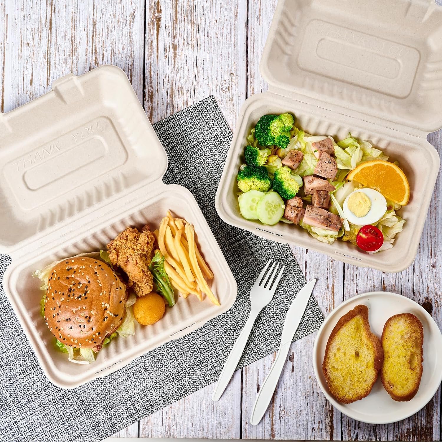 Logo Personalizado Envases de Comida desechables 75 unidades, 100% compostables, cajas para llevar de 9X6 pulgadas, biodegradable y ecológica, fabricados por Proveedor.