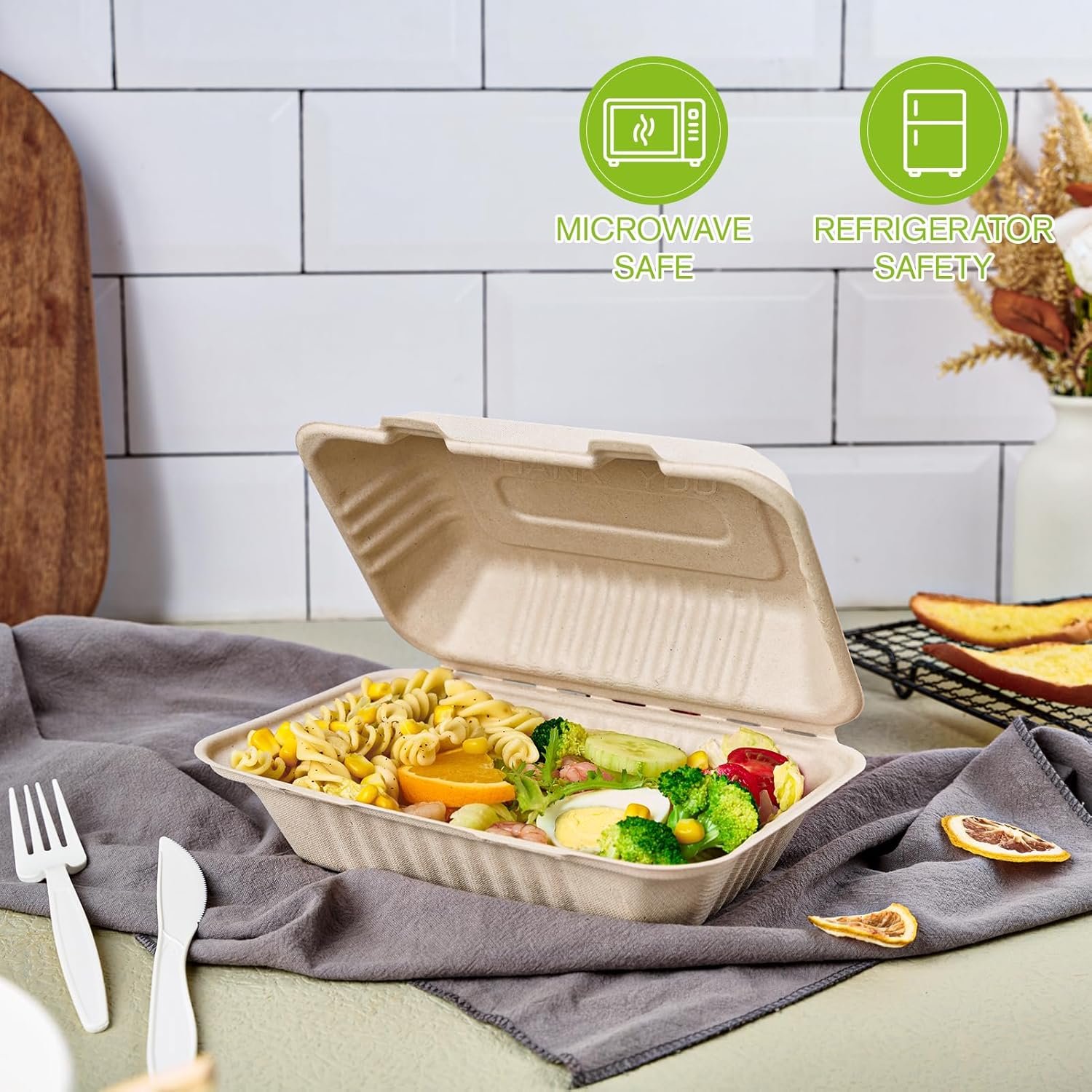 Logo Personalizado Envases de Comida desechables 75 unidades, 100% compostables, cajas para llevar de 9X6 pulgadas, biodegradable y ecológica, fabricados por Proveedor.