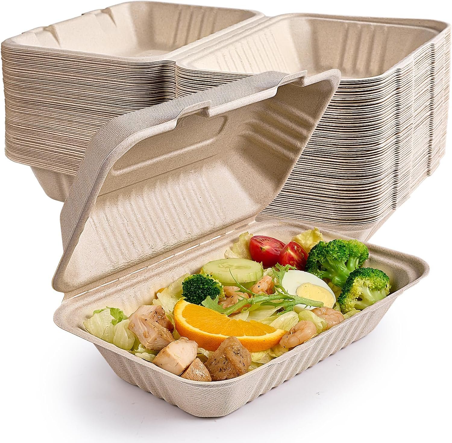 Logo Personalizado Envases de Comida desechables 75 unidades, 100% compostables, cajas para llevar de 9X6 pulgadas, biodegradable y ecológica, fabricados por Proveedor.