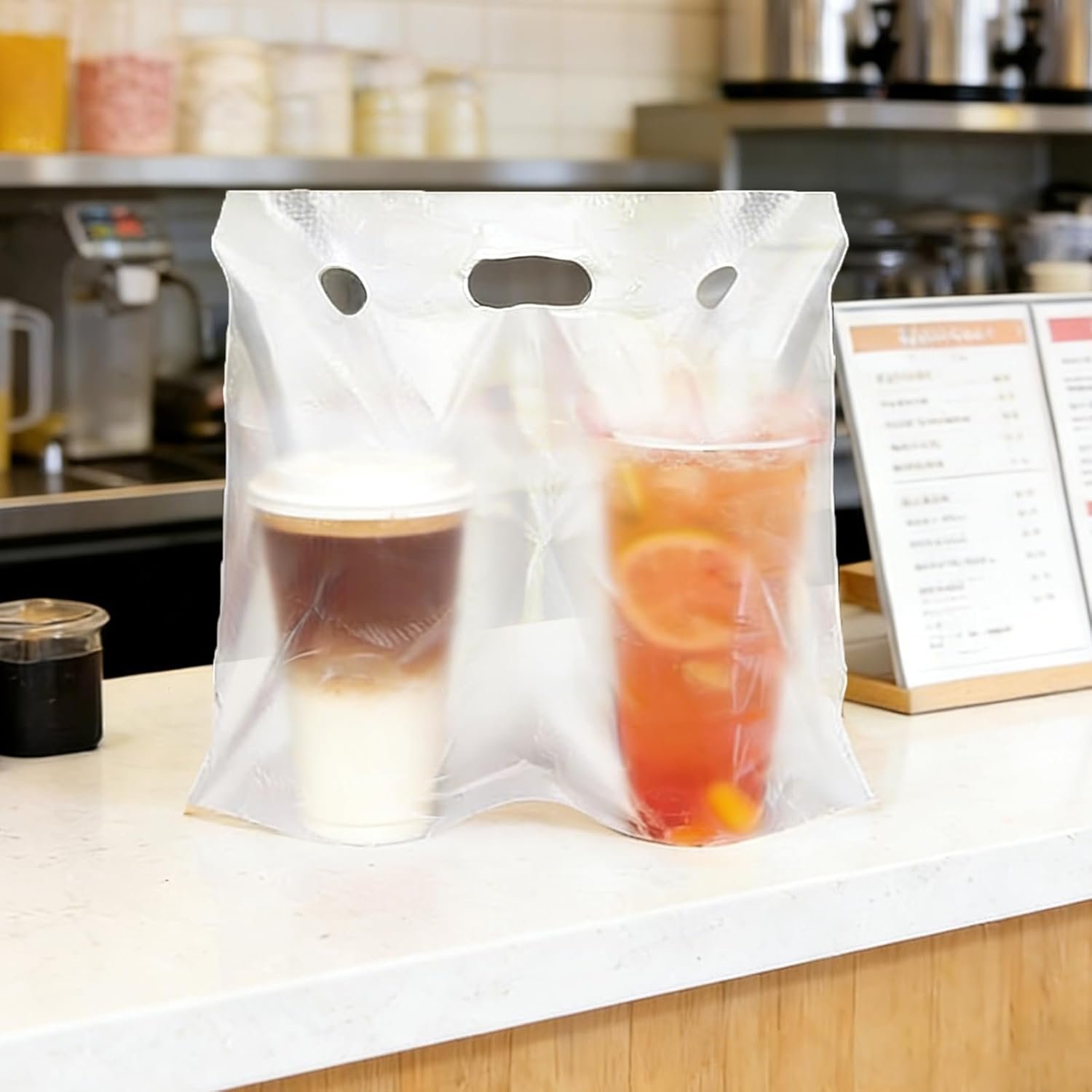 Bolsas de bebida con asa de 1000 unidades para transportar hasta 2 vasos, empaques de plástico transparente, ideales para entrega y comidas para llevar, con opción de Logo Personalizado, 11 x 12.2 pulgadas, fabricadas por Proveedor.