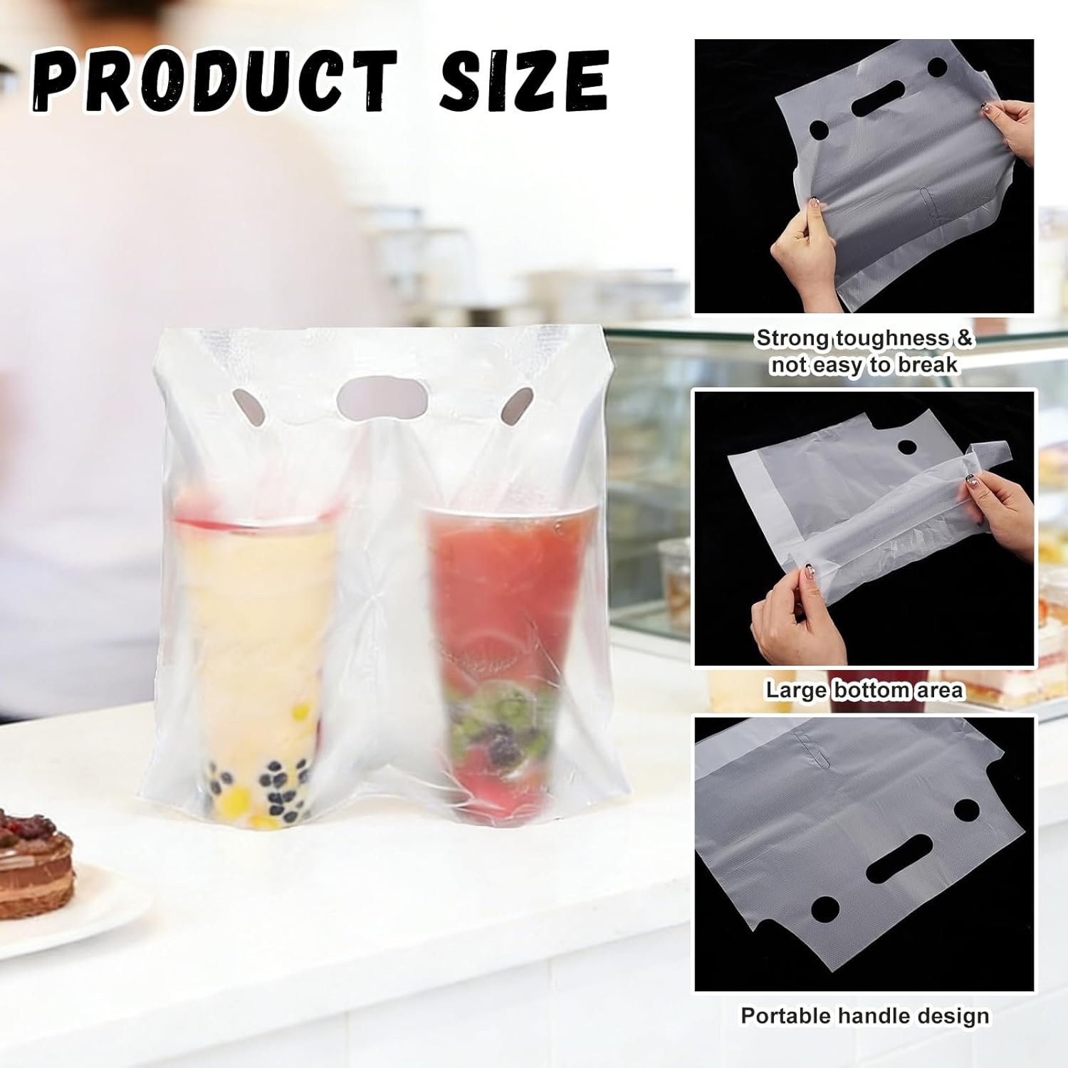 Bolsas de bebida con asa de 1000 unidades para transportar hasta 2 vasos, empaques de plástico transparente, ideales para entrega y comidas para llevar, con opción de Logo Personalizado, 11 x 12.2 pulgadas, fabricadas por Proveedor.