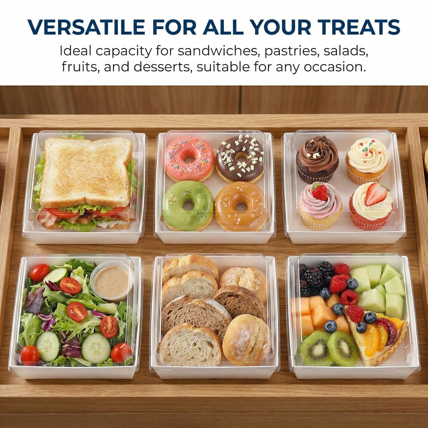 Logo Personalizado Set de 100 Cajas para Sándwich con Tapa Transparente, Cajas de Charcutería de Papel Blanco, Cajas para Tartas de 5