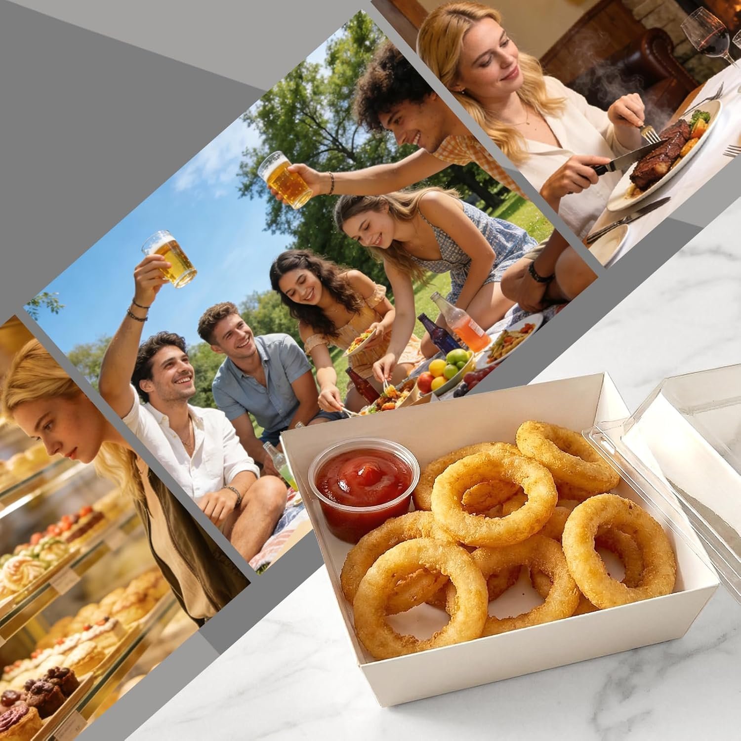 Logo Personalizado Set de 100 Cajas para Sándwich con Tapa Transparente, Cajas de Charcutería de Papel Blanco, Cajas para Tartas de 5