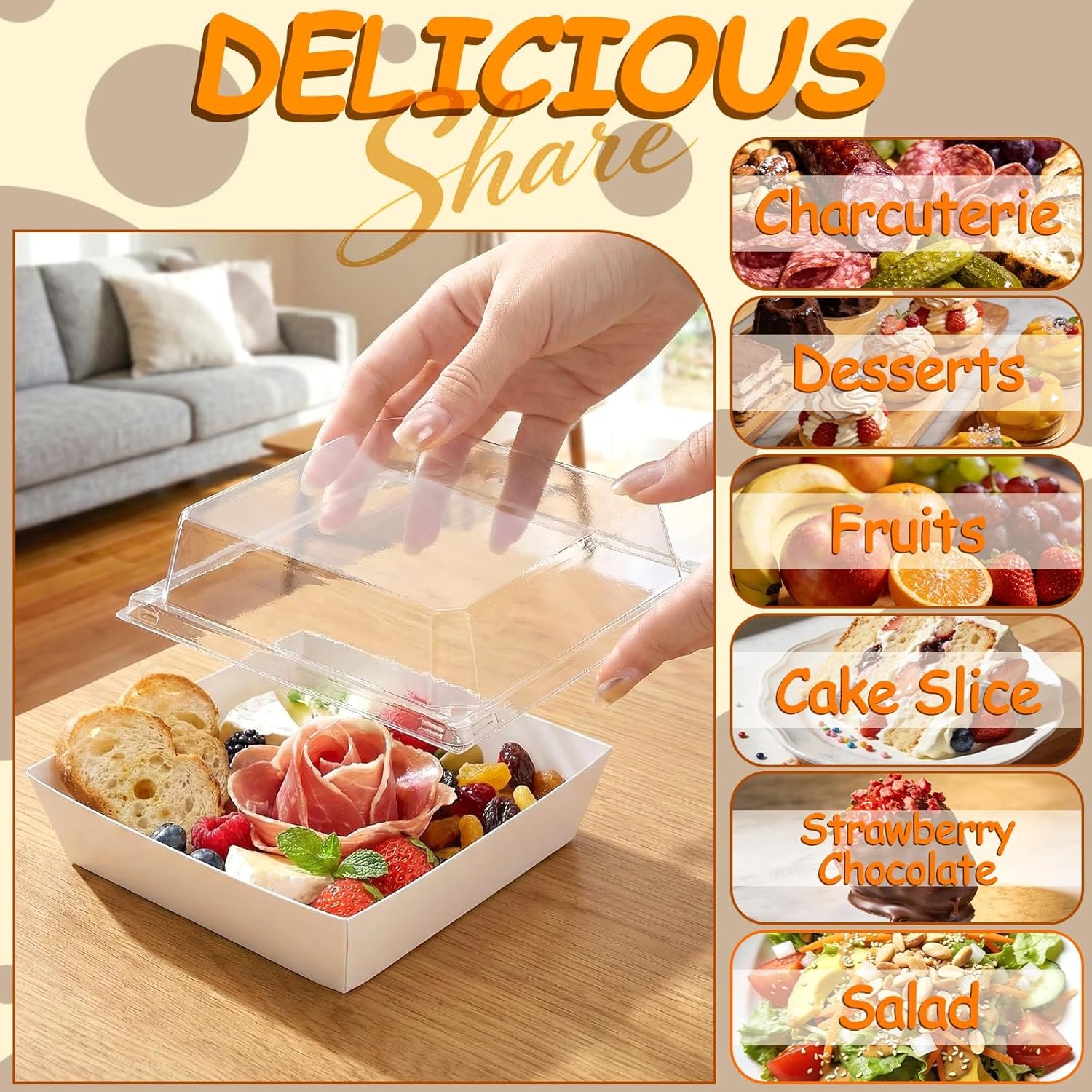 Logo Personalizado Set de 100 Cajas para Sándwich con Tapa Transparente, Cajas de Charcutería de Papel Blanco, Cajas para Tartas de 5