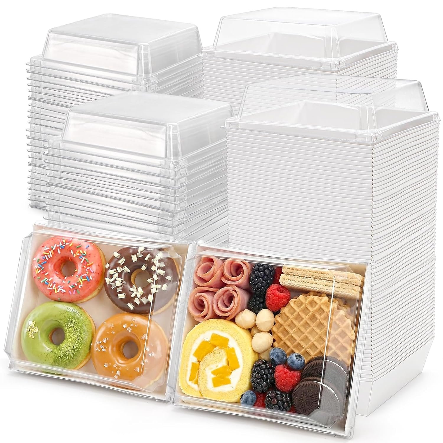 Logo Personalizado Set de 100 Cajas para Sándwich con Tapa Transparente, Cajas de Charcutería de Papel Blanco, Cajas para Tartas de 5" Cuadradas, Grado Alimenticio para Rollos Suizos, Hamburguesas, Pasta, Ensalada y Galletas, Proveedor.