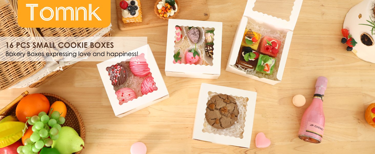 Caja de galletas personalizable de 16 piezas con ventana, 6x6x3 pulgadas, ideal para treats, fresas cubiertas de chocolate, cupcakes y pasteles, con stickers, ideal para fabricantes.