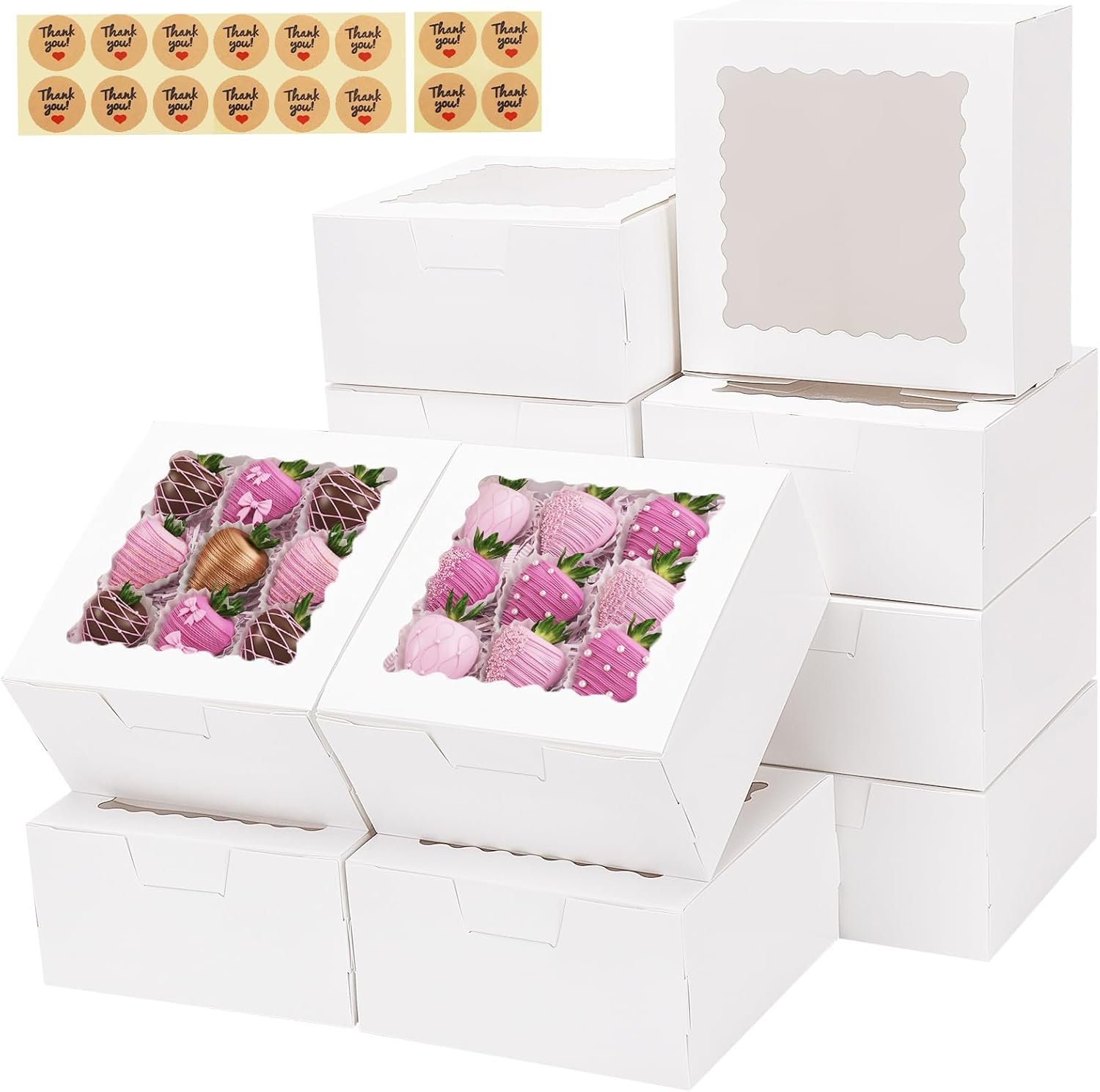 Caja de galletas personalizable de 16 piezas con ventana, 6x6x3 pulgadas, ideal para treats, fresas cubiertas de chocolate, cupcakes y pasteles, con stickers, ideal para fabricantes.
