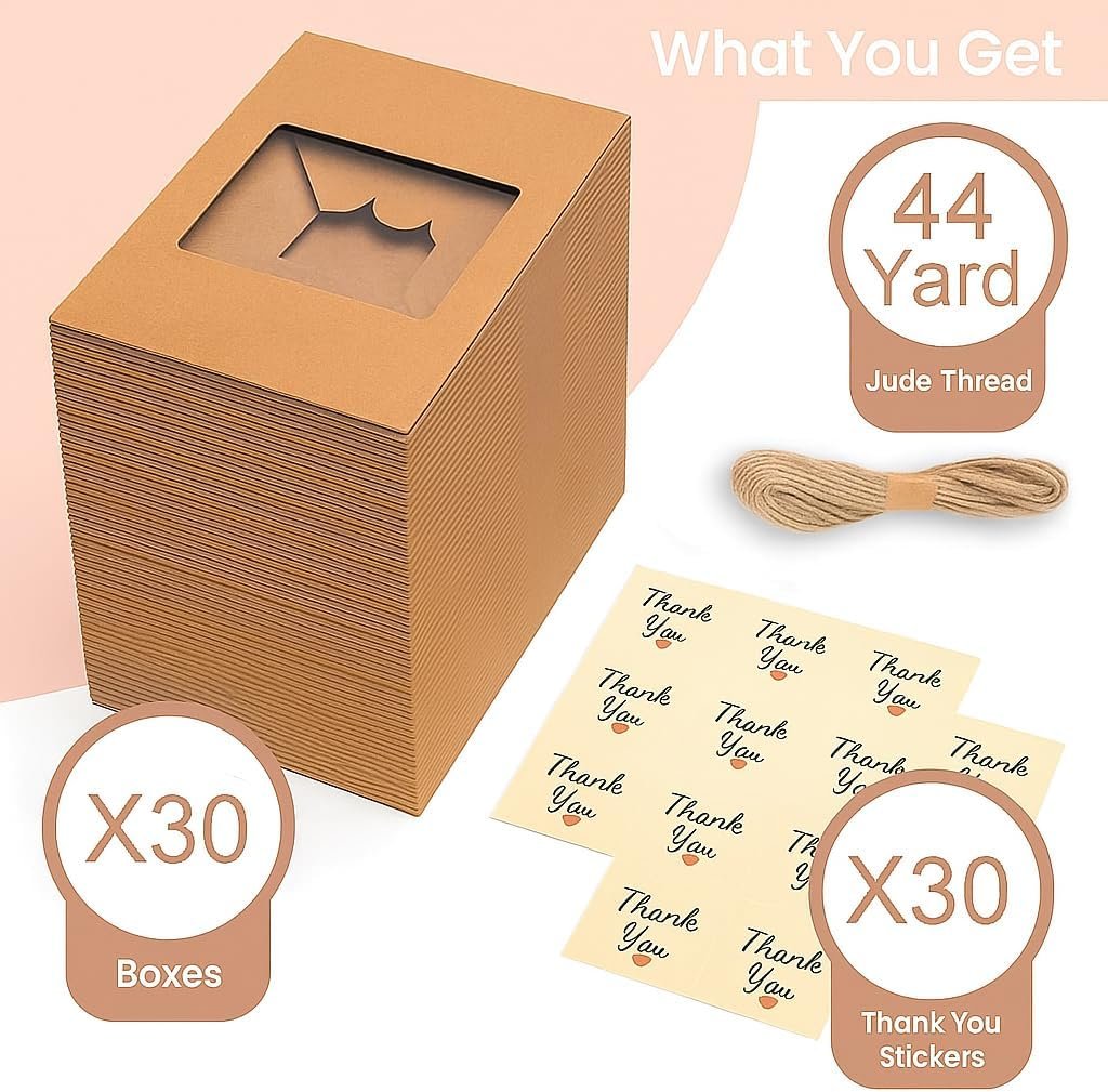 Logo Personalizado: Cajas de Galletas de 30 Piezas con Ventana para Regalos – 9x6x3 Pulgadas, Contenedores Pequeños para Dulces, Postres, Fresas, Cupcakes, Pasteles, Charcutería, Productos de Panadería (Marrón) - Proveedor.