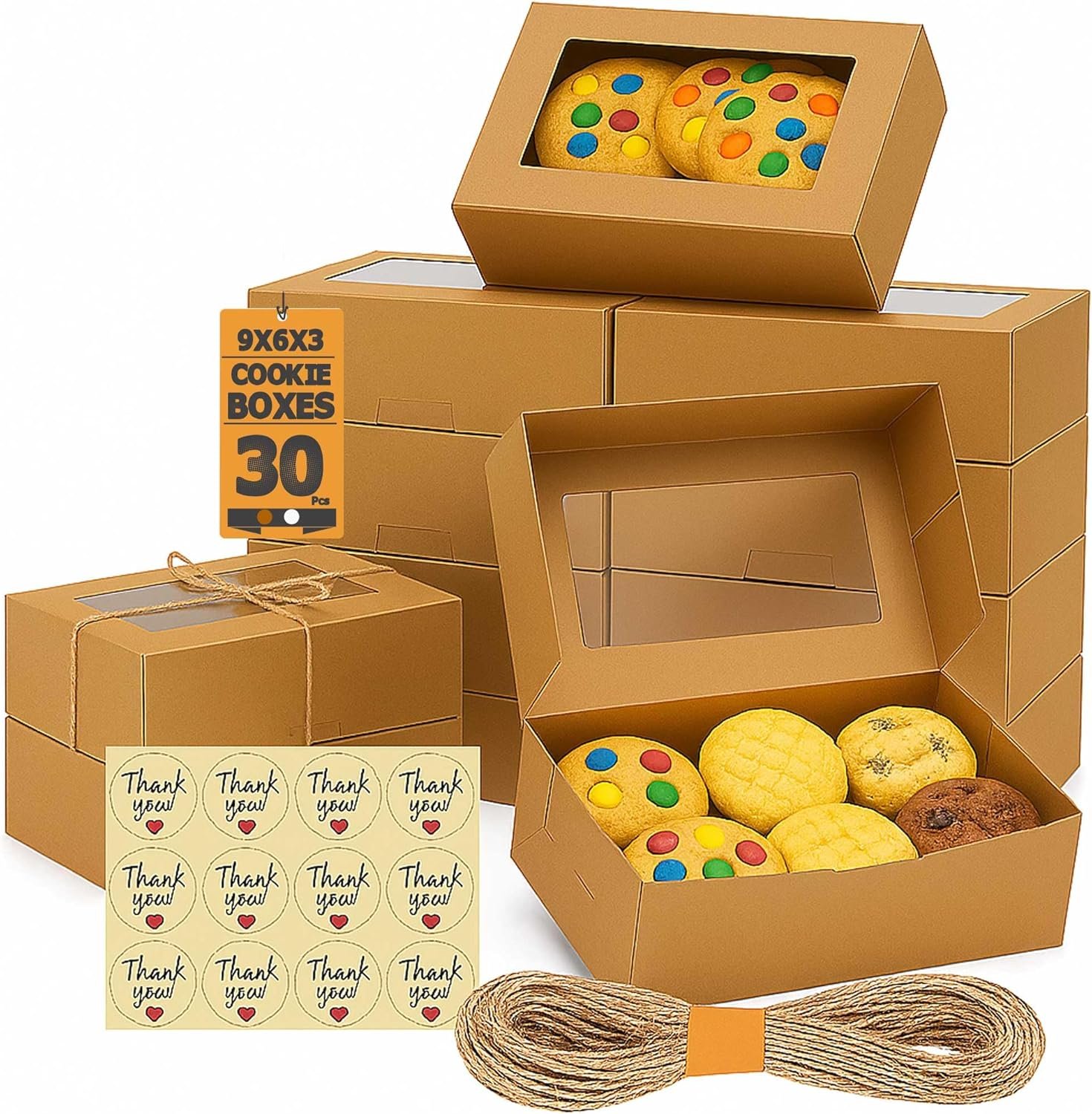 Logo Personalizado: Cajas de Galletas de 30 Piezas con Ventana para Regalos – 9x6x3 Pulgadas, Contenedores Pequeños para Dulces, Postres, Fresas, Cupcakes, Pasteles, Charcutería, Productos de Panadería (Marrón) - Proveedor.