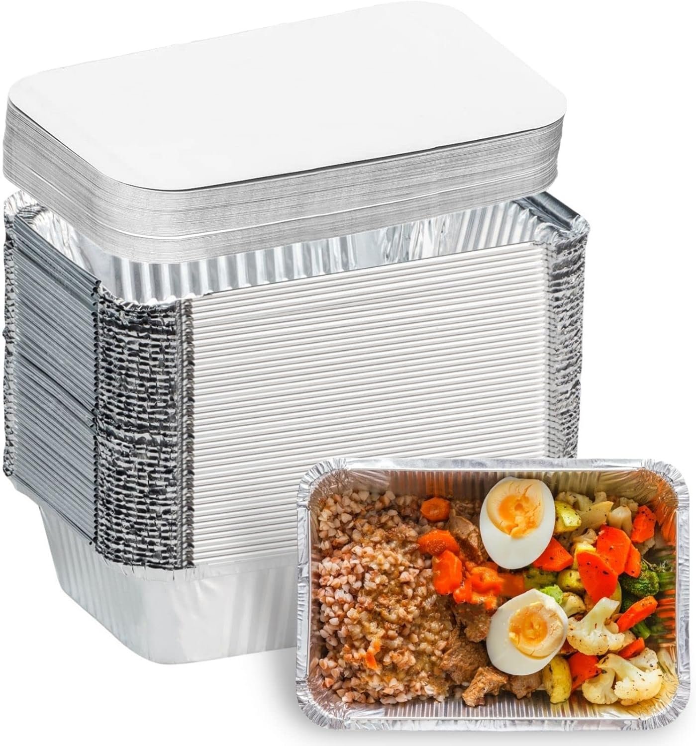 Pans de aluminio con tapa personalizados (Pack de 50, 8.5"×6") - Contenedores de comida de papel de aluminio desechables de 2.25 LB - 50 bandejas y 50 cubiertas de cartón - Ideal para hornear, preparación de comidas y congelador, comida para llevar - Marca blanca del proveedor.