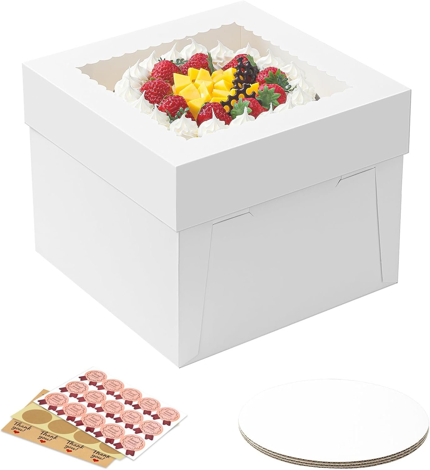 Caja de Pastel 3 Pack con Logo Personalizado, Caja de Pastel de 10x10x8 Pulgadas con Tableros para Pasteles, Cajas de Panadería Blancas con Ventana, Contenedores Desechables para Pastel, Donas, Tartas, Galletas, Marca Blanca de Fábrica para Bodas, Cumpleaños y Fiestas.
