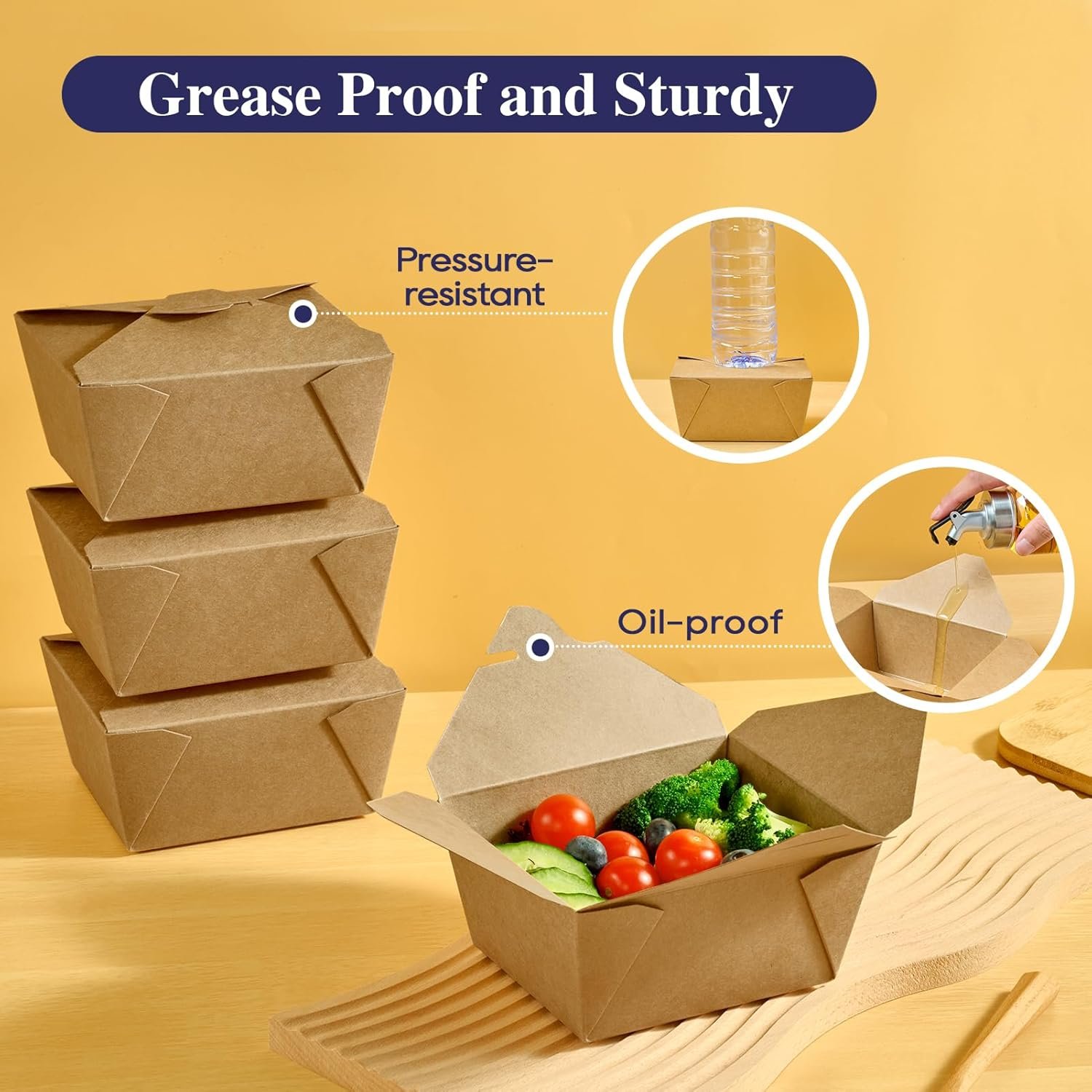 Contenedores de comida para llevar de 27 oz, cajas kraft marrón resistentes a grasas, personalización de logo, ideales para restaurantes, oficinas, picnics y hogares, marca blanca de calidad de fábrica.