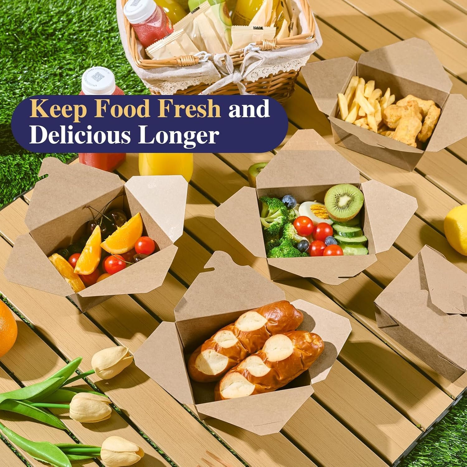 Contenedores de comida para llevar de 27 oz, cajas kraft marrón resistentes a grasas, personalización de logo, ideales para restaurantes, oficinas, picnics y hogares, marca blanca de calidad de fábrica.