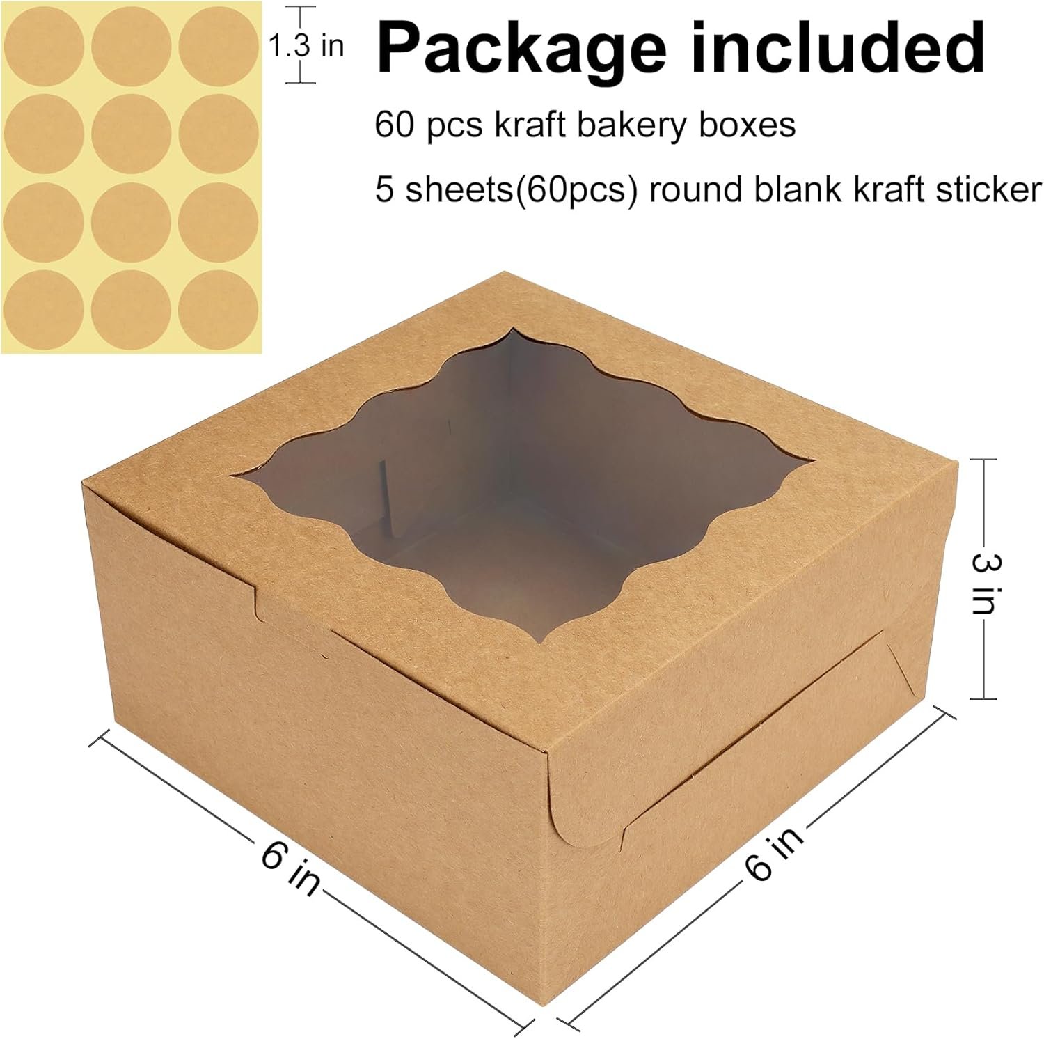 60 cajas de repostería con ventana, 6 x 6 x 3 pulgadas, para galletas y productos horneados, Marca Blanca, ideal para negocios, Fabricante.