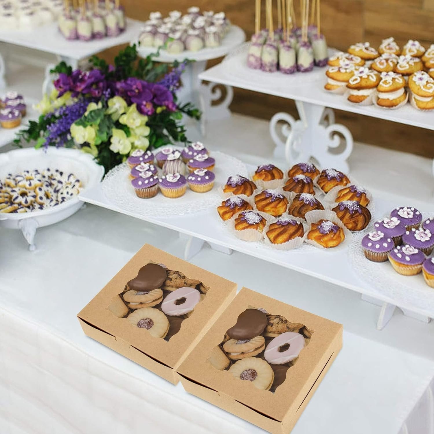 60 cajas de repostería con ventana, 6 x 6 x 3 pulgadas, para galletas y productos horneados, Marca Blanca, ideal para negocios, Fabricante.