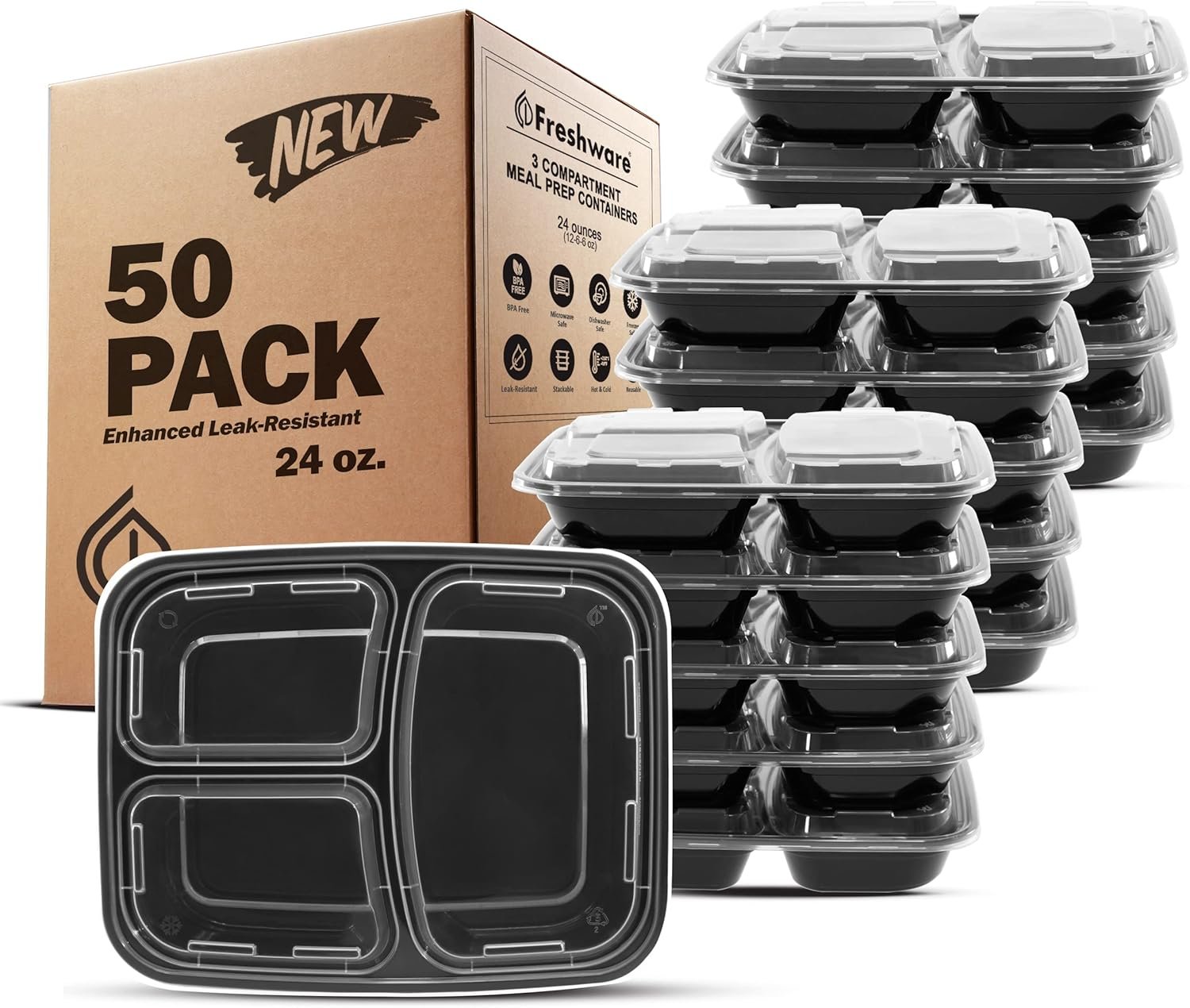 Contenedores de Almacenamiento de Comida Marca Blanca [50 Pack] con 3 Compartimentos, Caja Bento, Libre de BPA, Apilables, Apto para Microondas/Lavavajillas/Freezer (24 oz) - Proveedor de soluciones prácticas.