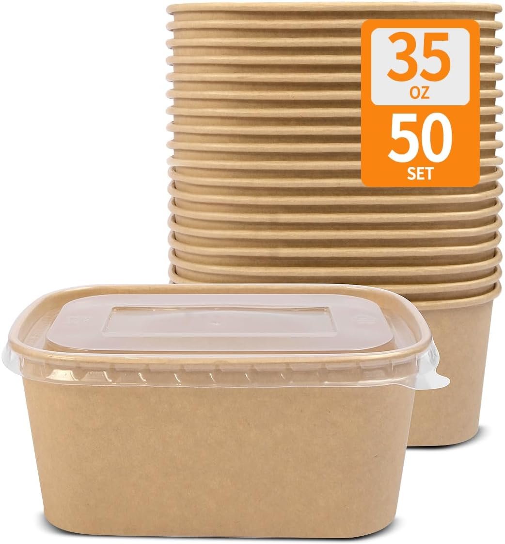 Contenedores de comida de papel de 35 oz con tapa, personalización de Logo, recipientes para preparar comidas aptos para microondas y congelador, 50 tazones y 50 tapas de un Proveedor.