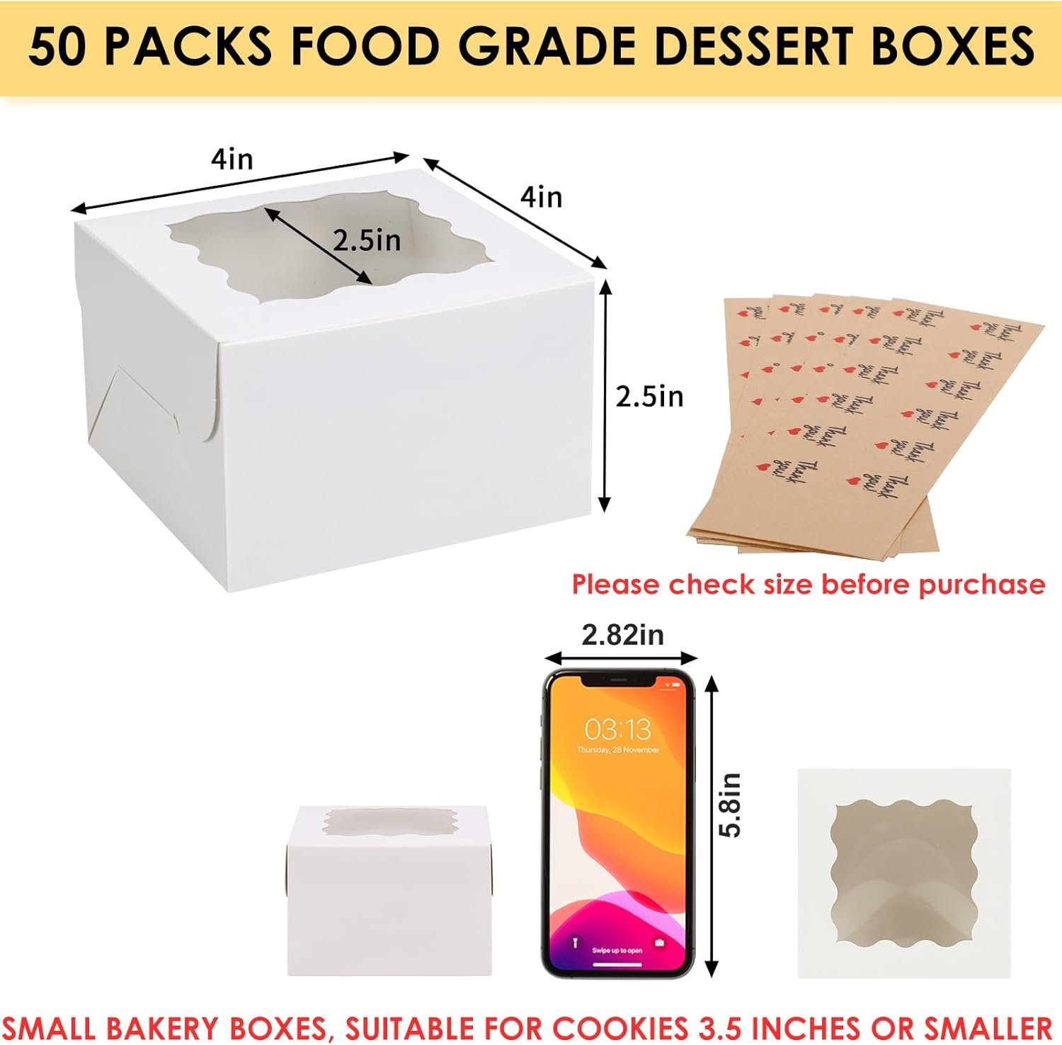 Cajas de Galletas Blancas de 50 piezas con Ventana, 4x4x2.5 pulgadas, para Pastelería con 5 pegatinas, ideal para Galletas Pequeñas, Postres y Fábrica de Marca Blanca. Logo Personalizado incluido. Cajas de Galletas Blancas de 50 piezas con Ventana, 4x4x2.5 pulgadas, para Pastelería con 5 pegatinas, ideal para Galletas Pequeñas, Postres y Fábrica de Marca Blanca. Logo Personalizado incluido.