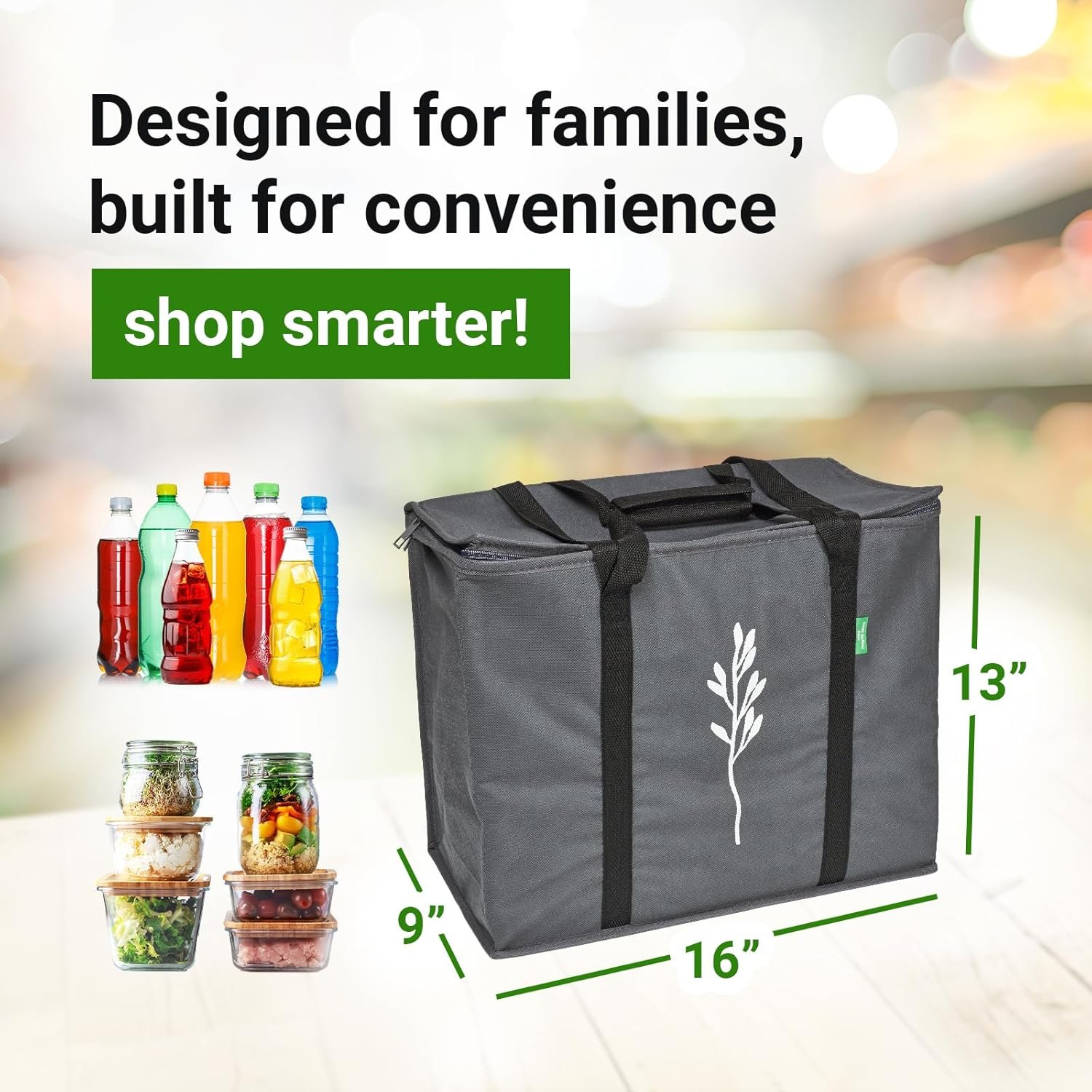 Bolsas térmicas reutilizables personalizadas con logo – Pack de 2, foldables, ideales para uso diario, compras, entregas de alimentos – 16”x9”x13”, marca blanca de fábrica. Bolsas térmicas reutilizables personalizadas con logo – Pack de 2, foldables, ideales para uso diario, compras, entregas de alimentos – 16”x9”x13”, marca blanca de fábrica.