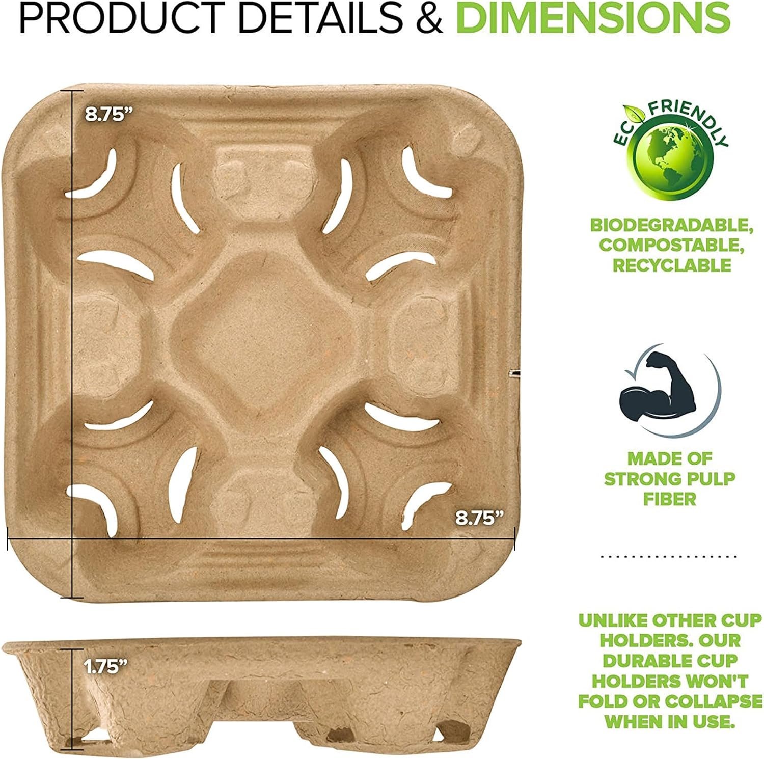 Logo Personalizado - Bandeja desechable para 4 tazas (25 unidades) - Soporte de vaso compostable para bebidas calientes o frías, ideal para servicios de entrega a domicilio - Proveedor de portavasos para café para marcas blancas. Logo Personalizado - Bandeja desechable para 4 tazas (25 unidades) - Soporte de vaso compostable para bebidas calientes o frías, ideal para servicios de entrega a domicilio - Proveedor de portavasos para café para marcas blancas.