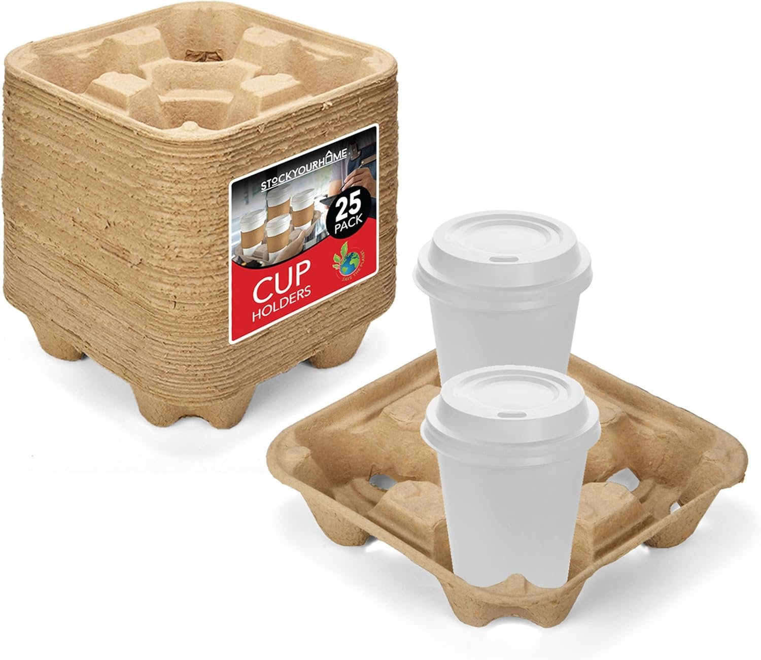 Logo Personalizado - Bandeja desechable para 4 tazas (25 unidades) - Soporte de vaso compostable para bebidas calientes o frías, ideal para servicios de entrega a domicilio - Proveedor de portavasos para café para marcas blancas.