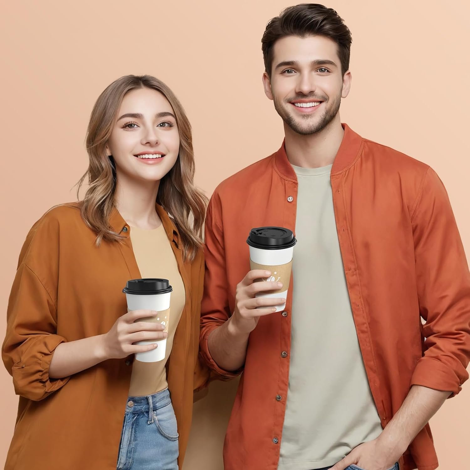 Tazas de café de 16 onzas con tapas y mangas, 100 unidades a granel para bebidas calientes, marca blanca personalizable, proveedor de tazas de papel desechables para café caliente.