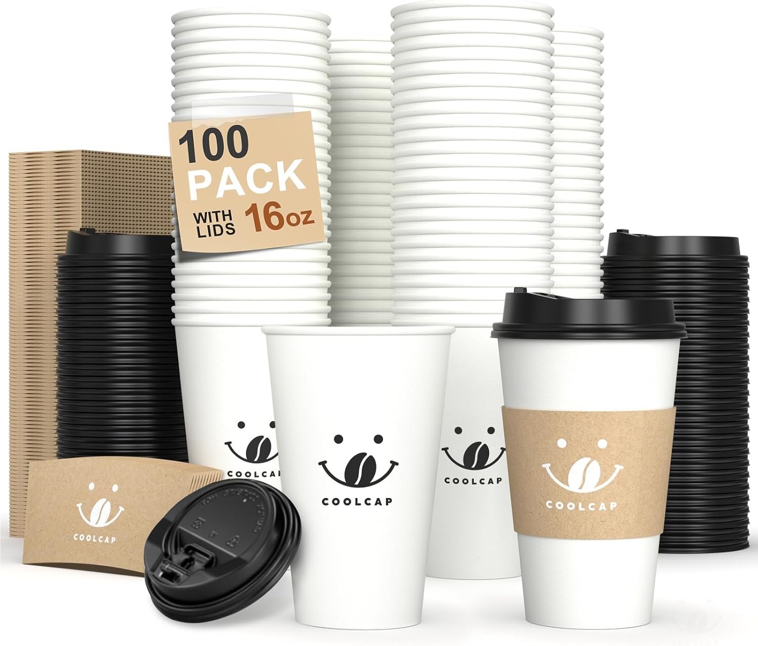 Tazas de café de 16 onzas con tapas y mangas, 100 unidades a granel para bebidas calientes, marca blanca personalizable, proveedor de tazas de papel desechables para café caliente.