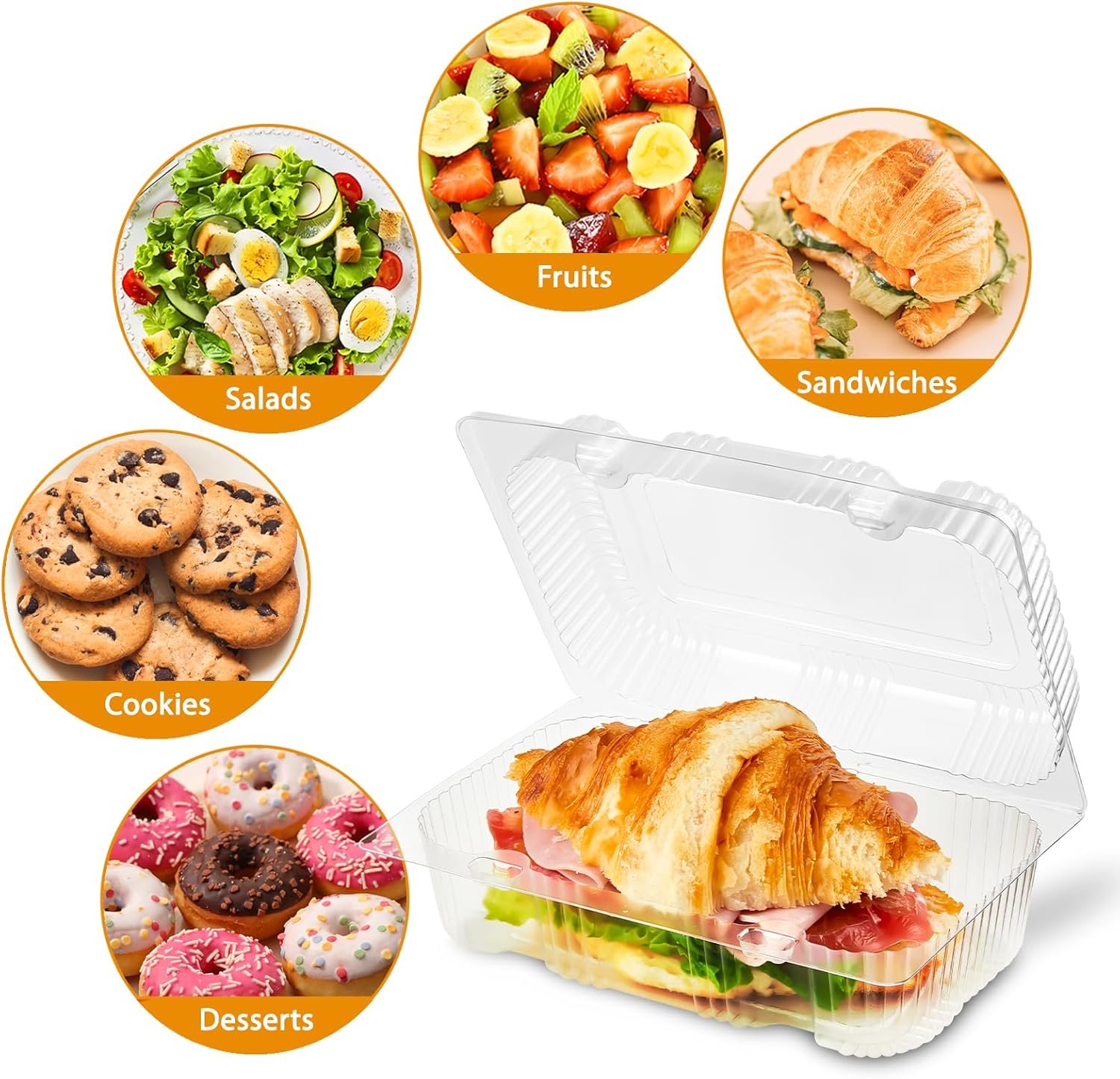 Contenedores plásticos transparentes con bisagra 40 unidades, cajas desechables para alimentos con tapa, ideales para postres, porciones de pastel, sándwiches, ensaladas y galletas (7.2 × 4.7 × 3 pulgadas) con Logo Personalizado, fabricación de alta calidad en Fábrica.