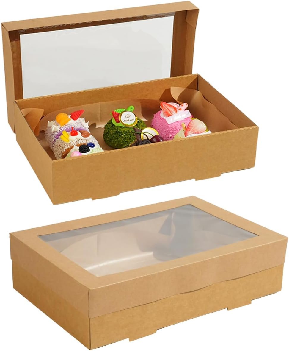 Cajas de pastelería con ventana, 17.7x12.2x3.15 pulgadas, cajas grandes para galletas, marca blanca y logotipo personalizado, proveedor de envases para tartas, pasteles, muffins y otros dulces.