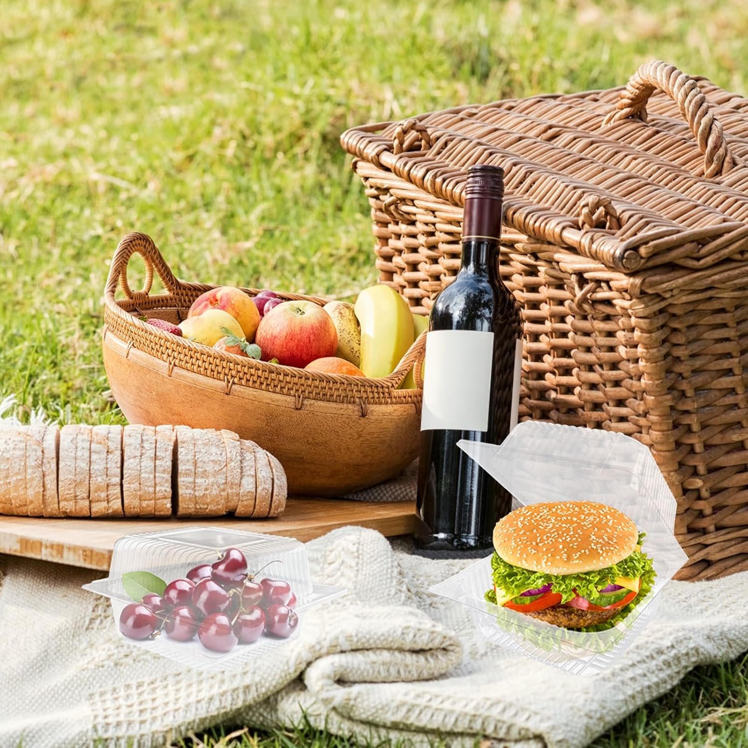 Contenedores de plástico desechables con logo personalizado, envases de comida cuadrados claros con tapa para ensaladas, pastas y hamburguesas (13.5 x 12 x 7 cm), marca blanca de proveedor.