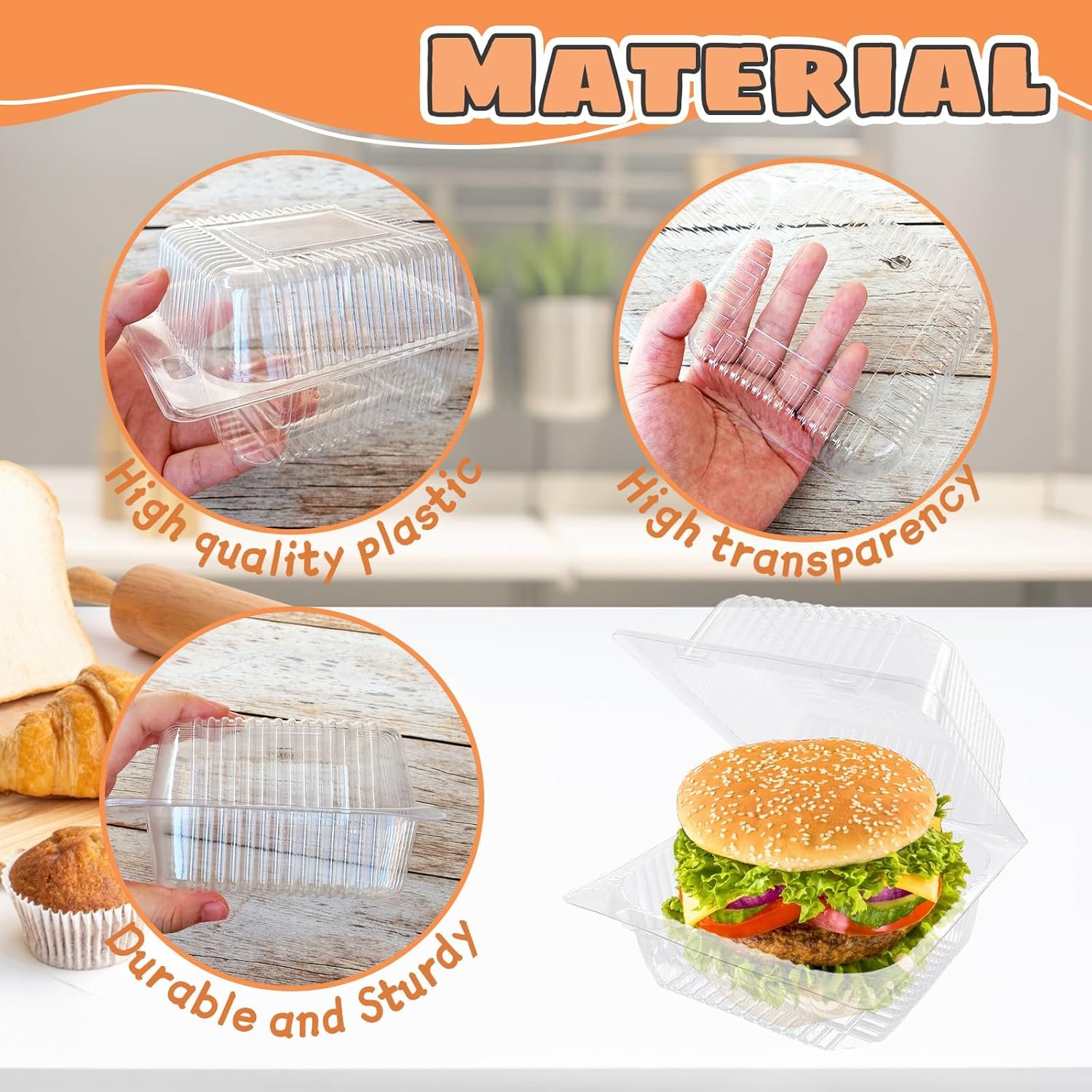 Contenedores de plástico desechables con logo personalizado, envases de comida cuadrados claros con tapa para ensaladas, pastas y hamburguesas (13.5 x 12 x 7 cm), marca blanca de proveedor.