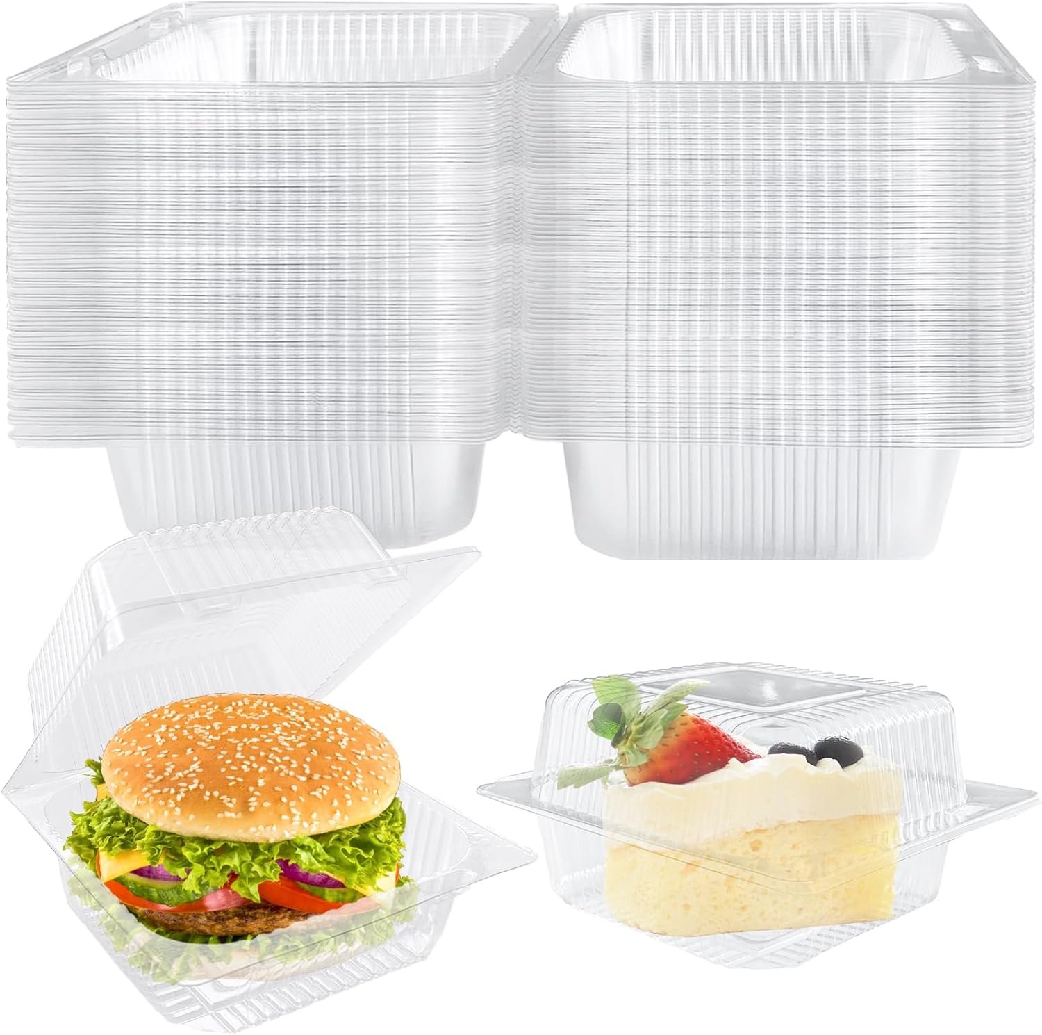 Contenedores de plástico desechables con logo personalizado, envases de comida cuadrados claros con tapa para ensaladas, pastas y hamburguesas (13.5 x 12 x 7 cm), marca blanca de proveedor.